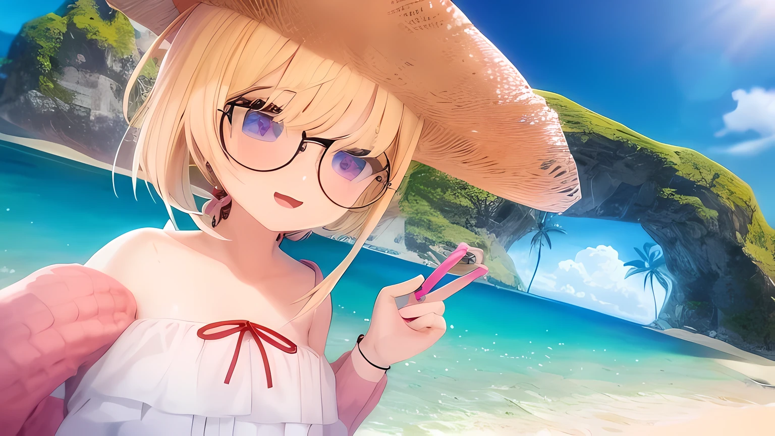 blonde anime girl with round glasses and a straw hat on a beach, blue eyes, render of a cute 3d anime girl, anime styled 3d, hanayamata, small curvy , realistic anime 3 d style, 3d anime girl, anime moe artstyle, vrchat, , anime style. 8k, stylized anime, render of april, shikamimi, at a tropical beach