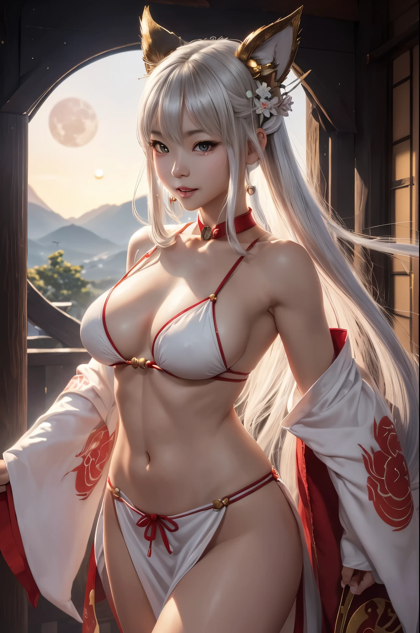 8K,Black light、Real Art、very delicate and beautiful成熟した犬神、super fine、1 、dog ears,gray hair、incarnation of dog god、gentle smile,Japanese red and white shrine maiden costume,(((monster、Muki、Insanity))glowing gold eyes,detailed light、hallucination、dynamic angle、written boundary depth、((((())))、Anthropomorphic Inugami Queen、long white hair、あなたのteethを見せて、super beautiful、(Super A)High resolution、Top image quality)、(8K、RAWphotograph、Top image quality、masterpiece)、Technical sense、Top image quality、masterpiece、photograph、cg、sense of oneness、wallpaper、official art、wonderful、finely、very delicate and beautiful、attention to detail、concentrate、rich background、(real human being、image)、((High resolutionスキン))golden eyes,teeth、Golden pupil,beautiful expression,Inugami from another world、8K、big and full breasts、sharp long claws、white tail、sexy、red sacred magatama collar、(golden precision decoration)attractive body、muscular muscular body of slim woman,The moon9strongly cracked abdominal muscles、captivate your audience、口から出る大きなteeth、Super A high resolution,surreal,shrine maiden costume,Red and white priestess costume,wide open chest,Beautiful white bare skin,Japanese shrine maiden'top and bottom costume,dog ears,traditional japanese kimono,Shrine maiden costume with little exposure,最高品質のフォトリアリスティックなRAWphotograph。bright colors,rich colors, Backlight, cinematic lighting, film grain, to be born, 50mm lens, Nikon D850,realistic skin,fantasy art,character art,超High resolution,realistic skin,sunset,very large breasts exposed,battle scene,action scene,acrobatic pose,action pose,Fighty Cag Pose,