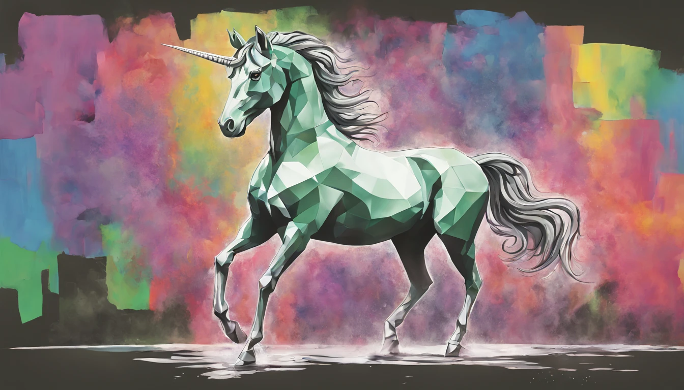 A full length portrait of a zenful content serene majestic Unicorn, The style is expressive, with focus on Ink Wash, Fauvism, Pointilism, stencil spray, Expressionism, geometric abstraction, suprematism, hard edge painting, op art, and constructivism. The image is also decompressed, cinematic, and bold, like a comic splash page cover art deftly crafted by Joelle Jones expressive style with rich color grading for shading. accurate detailed hypperrealism unicorn (subtle homage to origami unicorn from Blade Runner film), 

