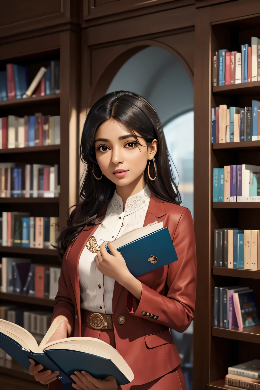 Description: Imagine an image where Aisha is surrounded by a virtual library, holding an open book with a thoughtful expression. The background features shelves filled with diverse books. Aisha is ready to share her top book recommendations.AI Companion Appearance: Aisha exudes intellect and charm, wearing a smart sexy outfit that complements her smart and alluring style.