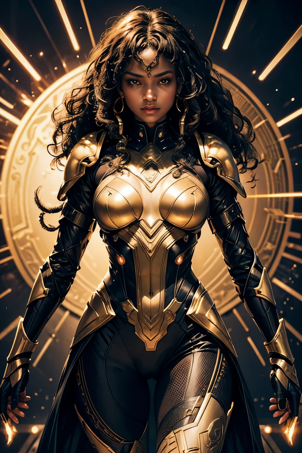 In the heart of a cutting-edge, technologically advanced battlefield, a powerful african Black girl warrior assumes a commanding stance. Her sleek futuristic armor, meticulously crafted with intricate designs, radiant shine and gold lights, hugs her toned body. The suit's polished surface beautifully reflects the vibrant, pulsating lights of her high-tech environment. With her gold braided curly hair cascading down her back, framing her strong, chiseled features, she exudes an undeniable aura of determination and strength. Her determined expression, intensified by her fierce gaze, reveals her unwavering resolve to protect and defend against any potential threat in this advanced, intricately detailed. She is beautiful, has a cute face. Her skin tone is dark brown.