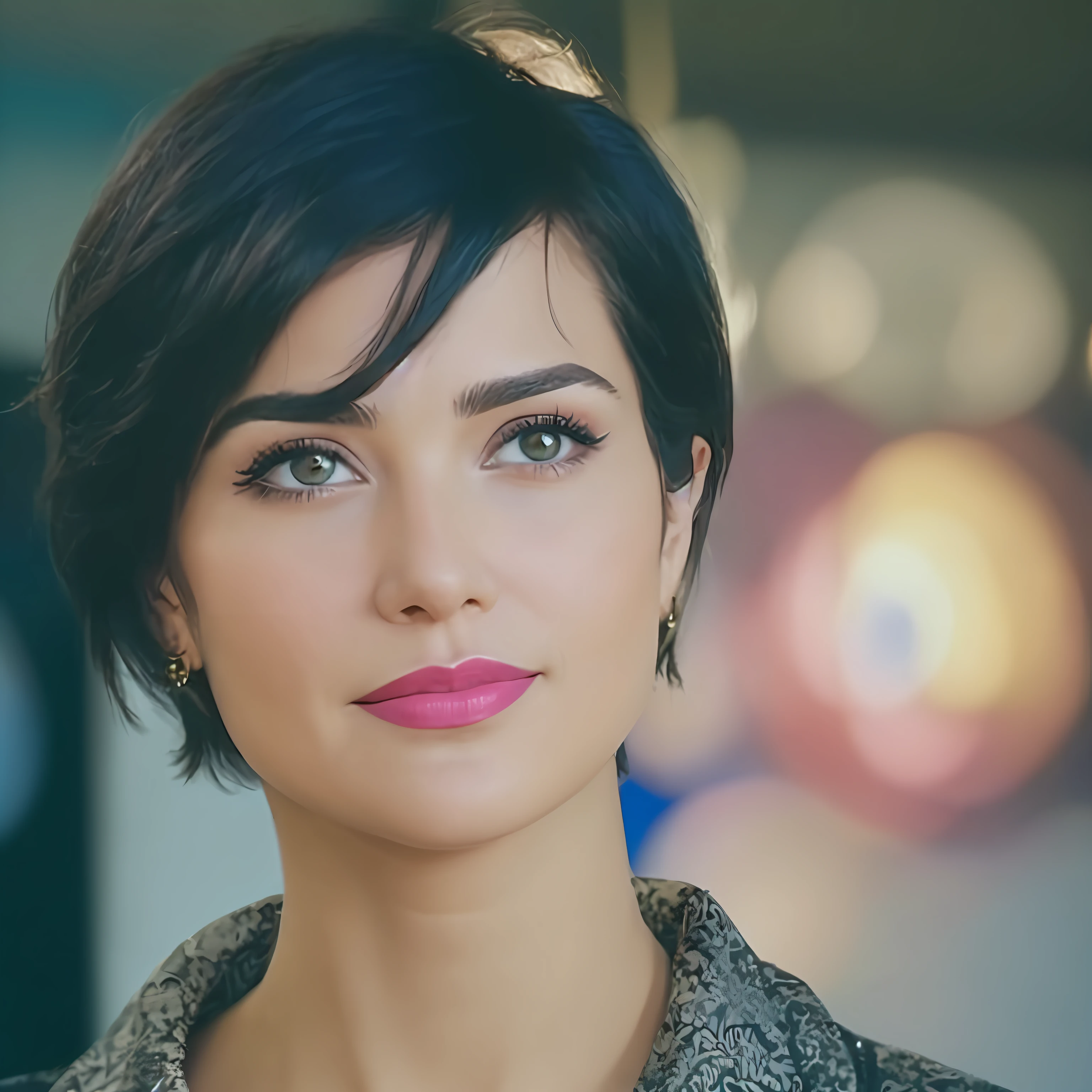 Variations similar to this face: uma mulher com um corte de cabelo curto e um colar, Parece Ebru Sahin, cabelos castanhos curtos e olhos grandes, hiperrealista, Batom vermelho macio