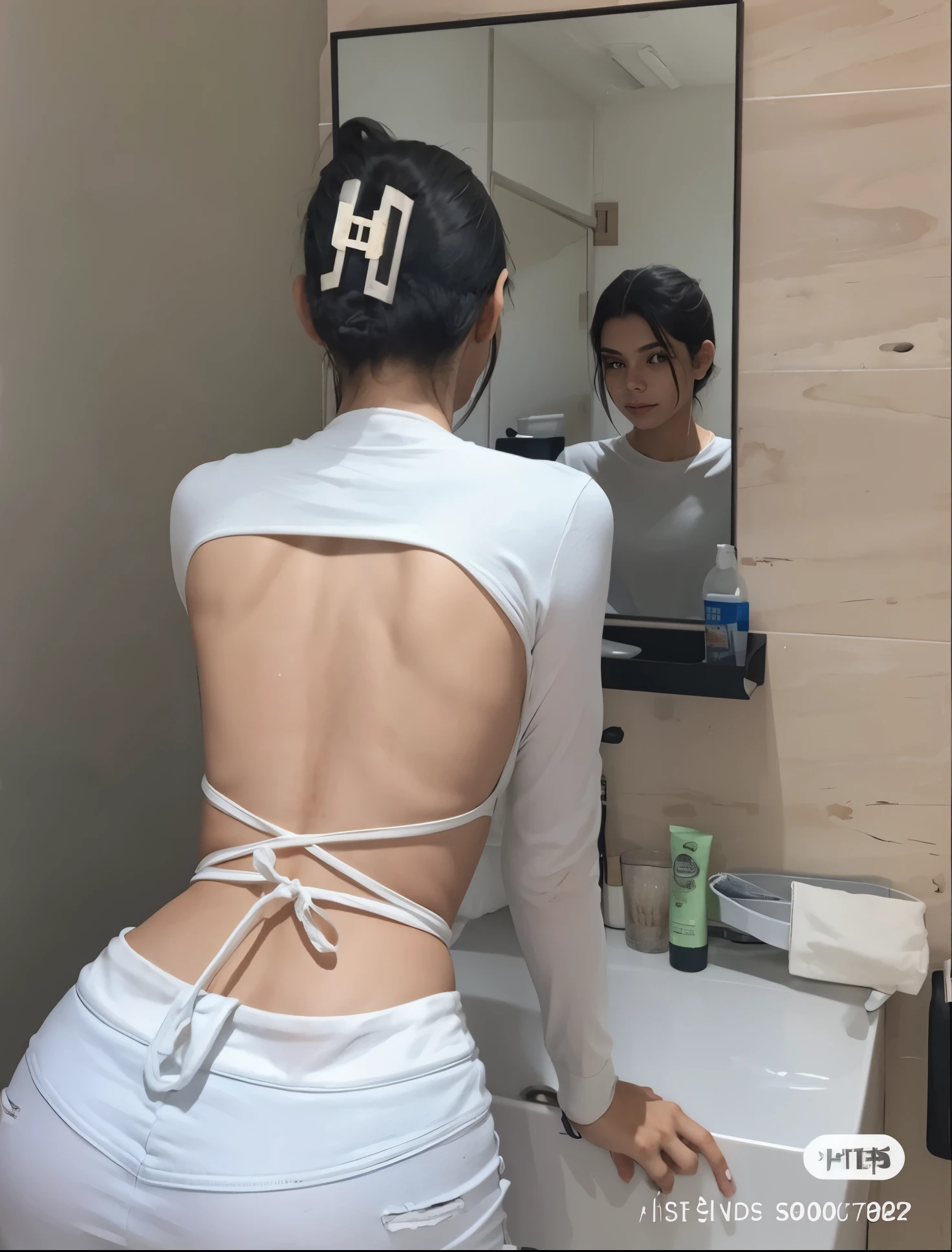 there is a woman that is standing in front of a mirror, showing her shoulder from behind, her back is to us, vista traseira, pose de costas, 18 anos de idade, 22 anos de idade, roupas reveladoras, costas viradas, from behind, facing backwards, fenda traseira, vista traseira, arms behind the back, looking from behind, 21 anos de idade