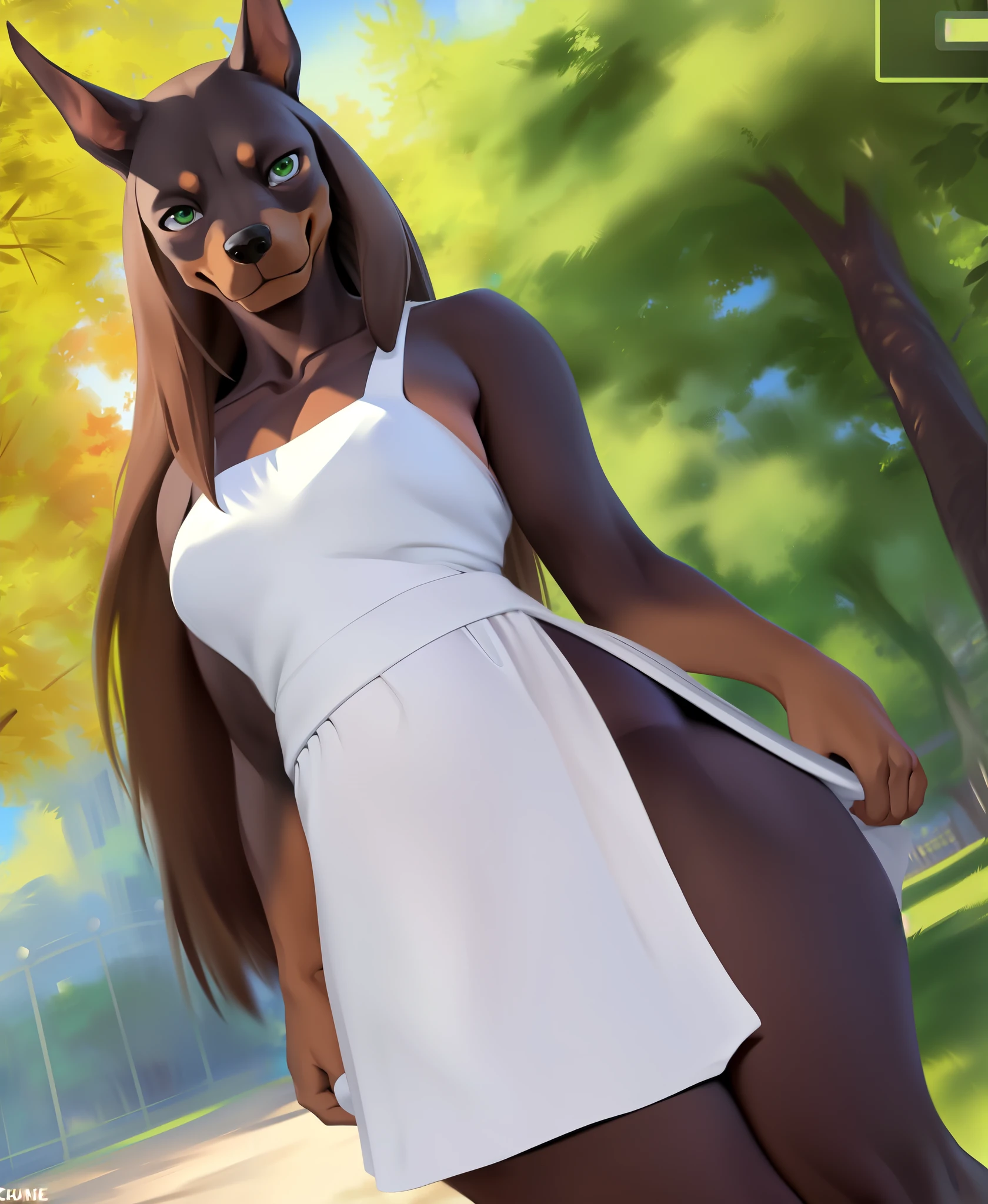 (tall female,HD, 4k, high resolution, best quality:1.4, high quality, detailed),((detailed background)),(park,half body,three-quarter portrait,facing viewer)
((((by chunie)))),anime screencap,(furry,dobermann:1.5),(female),(solo),(brown body fur),(detailed hands),(long hair,bangs),standing,detailed green eyes,seductive smirk,blush
,(thick thighs,wide hip)
,summer white dress,
