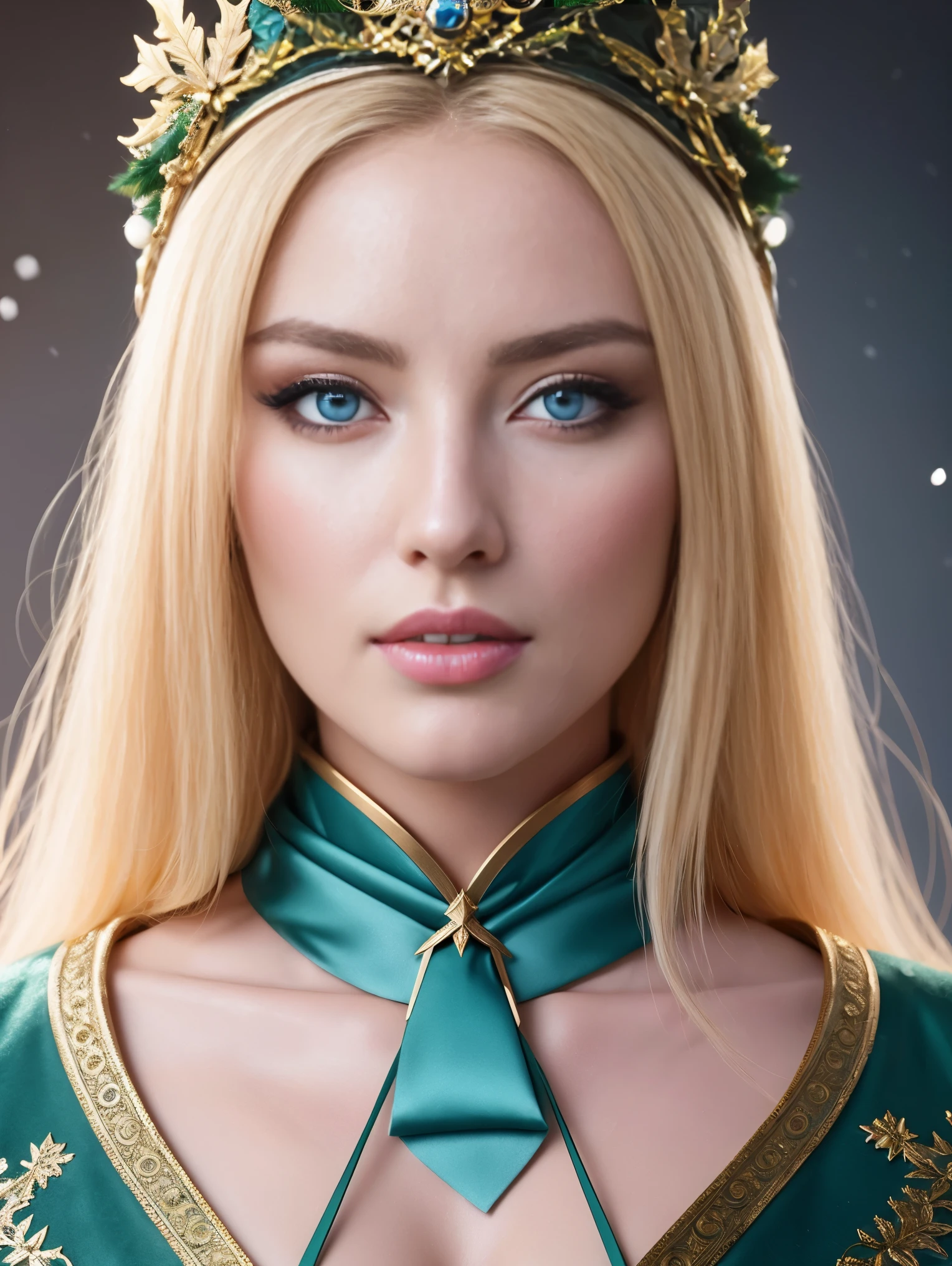 a beautiful empress portrait, blonde hair, perfect blue eyes, with a brilliant, impossible striking big Christmas headpiece, clothes Santa robes, everything Christmas, snow, symmetrical, dramatic studio lighting, rococo, baroque, greens, asian, hyperrealism, closeup, D&D, fantasy, intricate, elegant, highly detailed, digital painting, artstation, octane render, 8k, concept art, matte, sharp focus