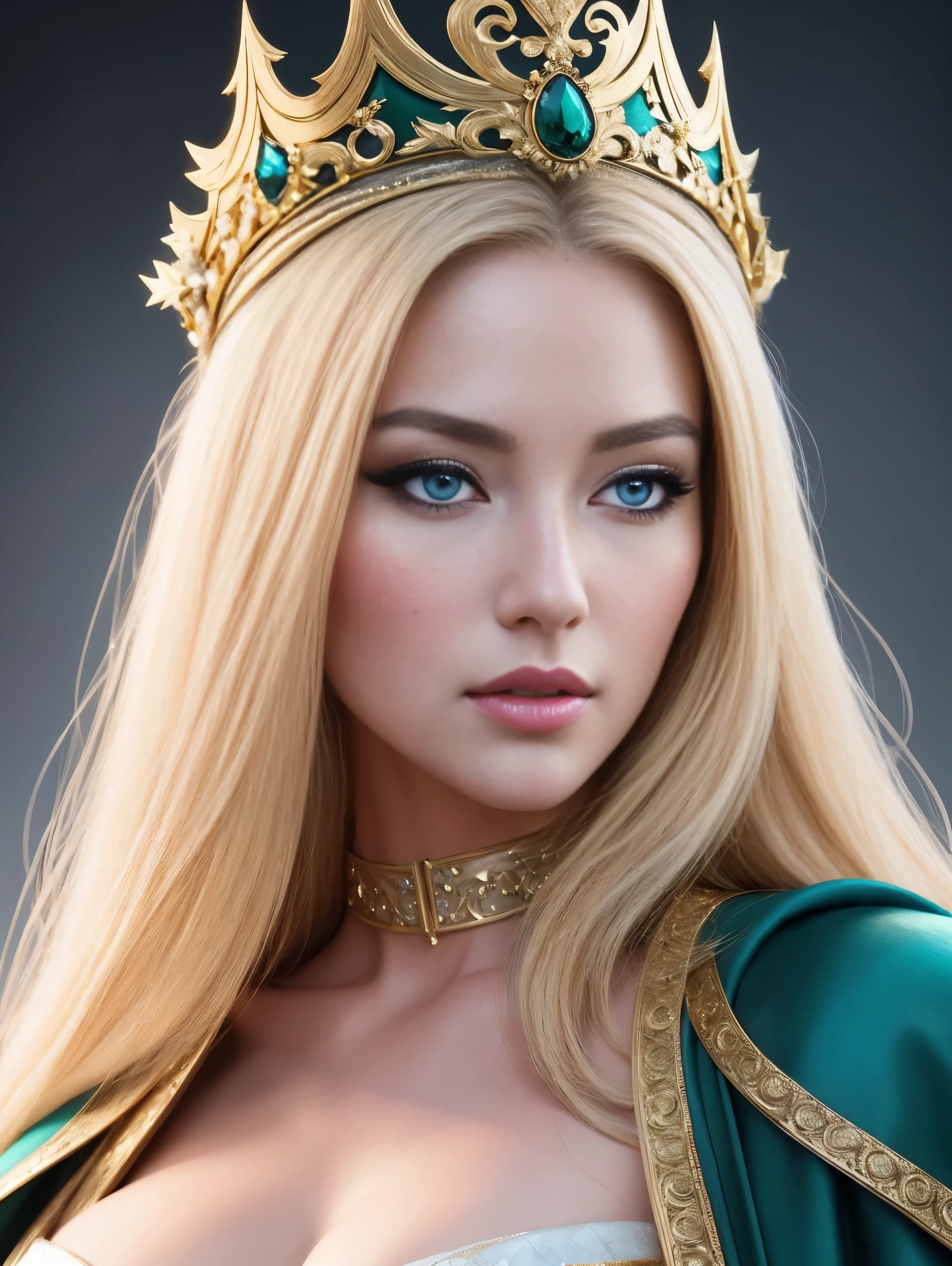 a beautiful empress portrait, blonde hair, perfect blue eyes, with a brilliant, impossible striking big Christmas headpiece, clothes Santa robes, everything Christmas, snow, symmetrical, dramatic studio lighting, rococo, baroque, greens, asian, hyperrealism, closeup, D&D, fantasy, intricate, elegant, highly detailed, digital painting, artstation, octane render, 8k, concept art, matte, sharp focus