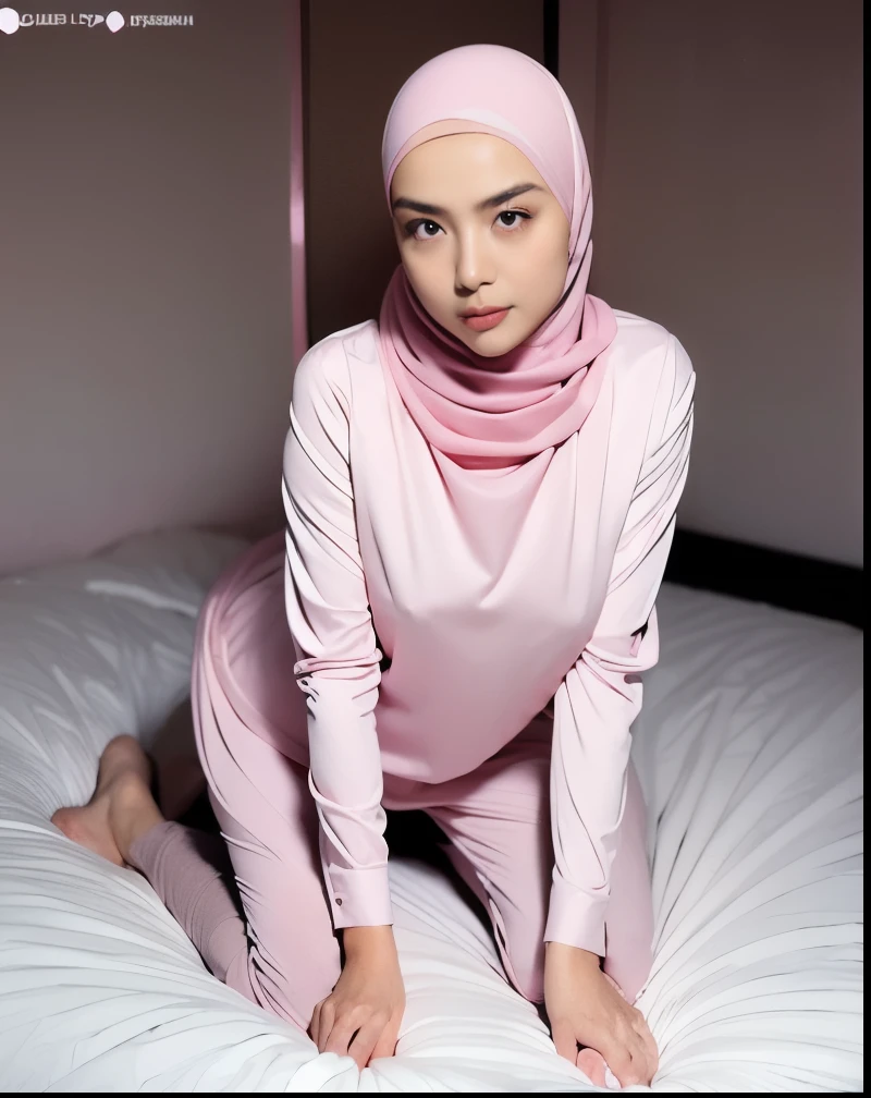 1 matured malay girl in hijab wear sexy wet pink satin bra and panties kneeling, on the bed, nighttime, full body, close-up, seducing, big sagging breast, cum on face, on the bed, (8k, RAW photo, best quality, masterpiece:1.2),(realistic, photo-realistic:1.37),