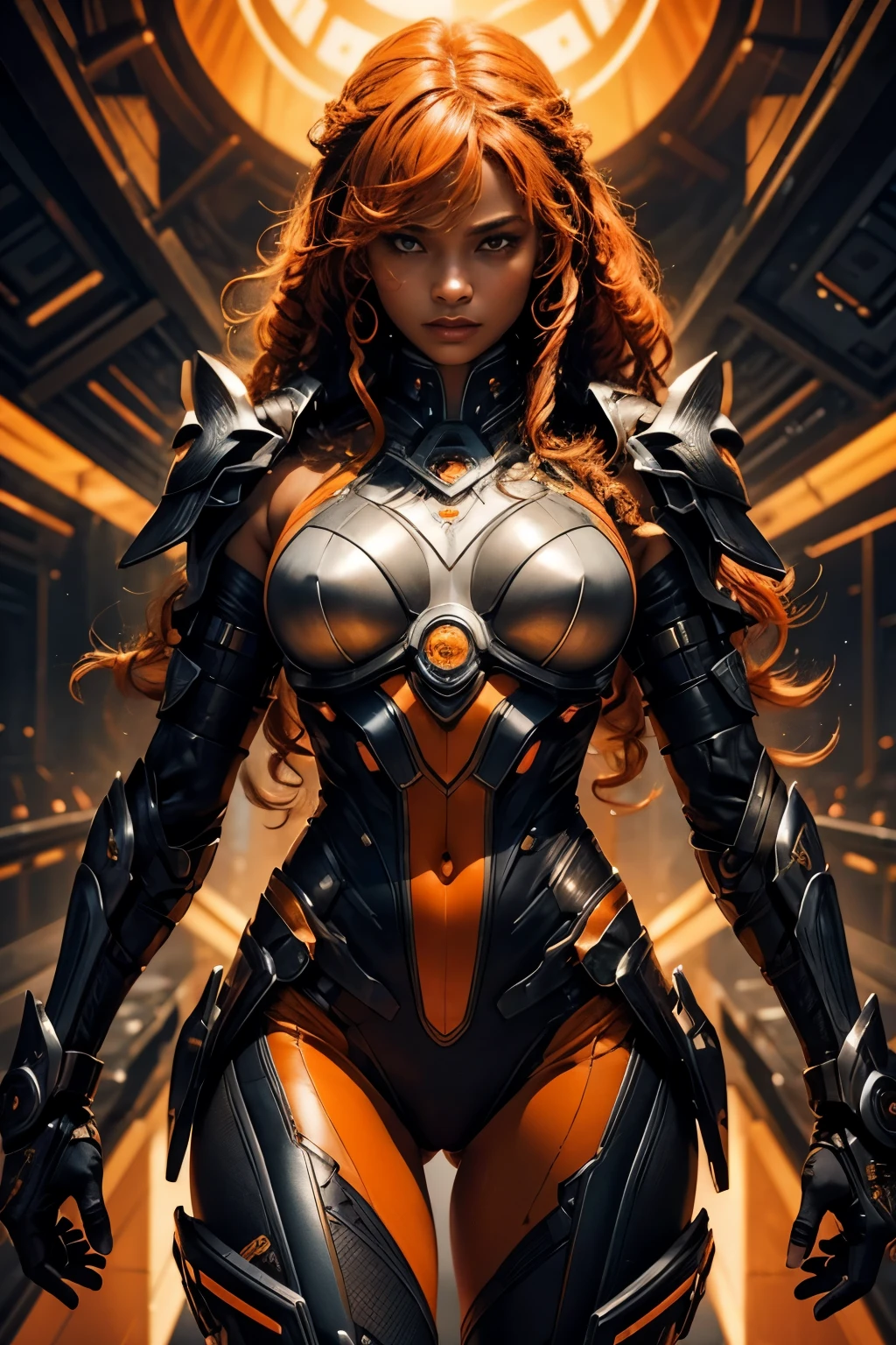 In the heart of a cutting-edge, technologically advanced battlefield, a powerful african Black girl warrior assumes a commanding stance. Her sleek futuristic armor, meticulously crafted with intricate designs, radiant shine and orange lights, hugs her toned body. The suit's polished surface beautifully reflects the vibrant, pulsating lights of her high-tech environment. With her orange braided curly hair cascading down her back, framing her strong, chiseled features, she exudes an undeniable aura of determination and strength. Her determined expression, intensified by her fierce gaze, reveals her unwavering resolve to protect and defend against any potential threat in this advanced, intricately detailed. She is beautiful, has a cute face. Her skin tone is dark brown.