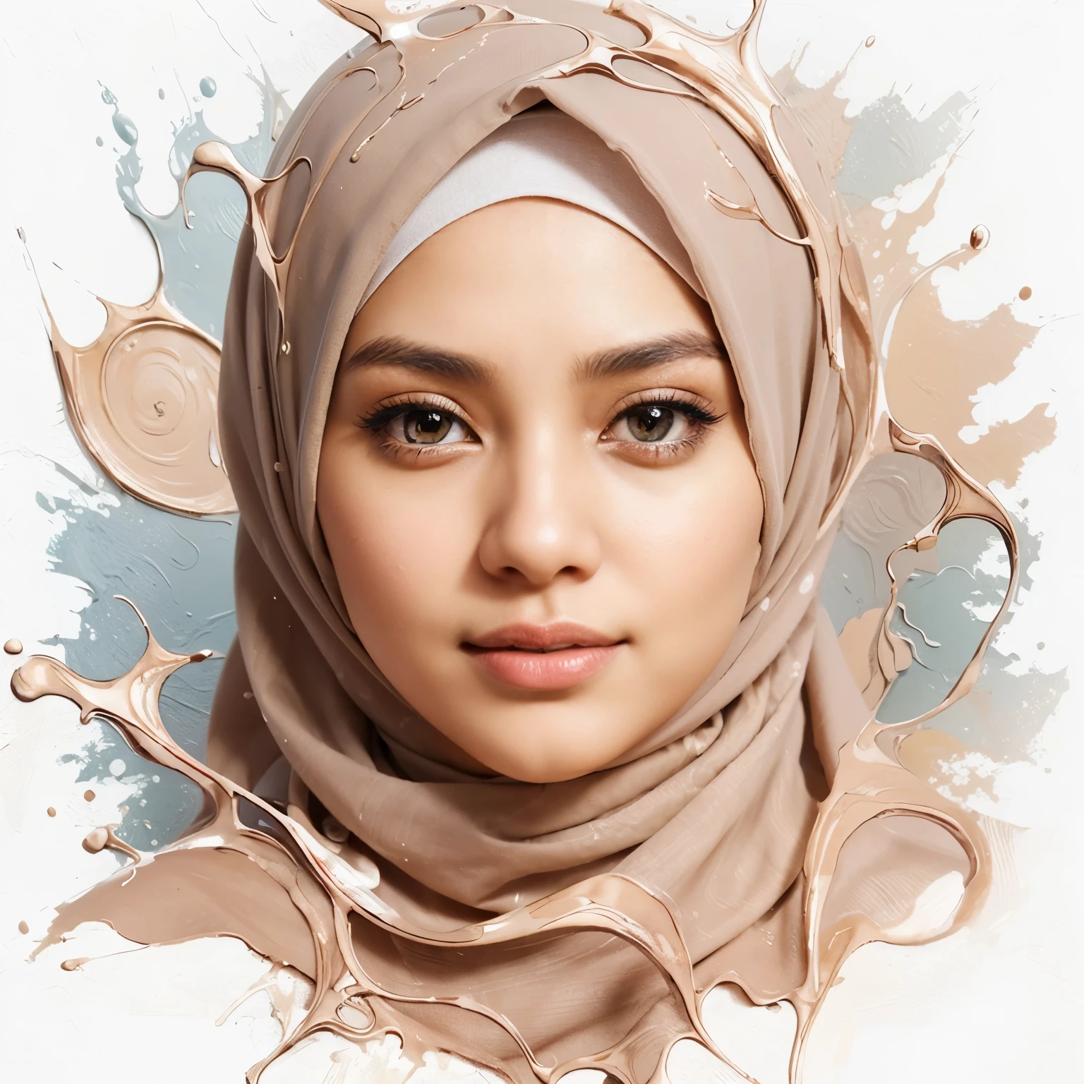 Create realistic photo of a indonesian celeb named sandra wearing hijab, a gentle expression and striking features. Her eyes are large and vividly hazel, conveying a sense of warmth and friendliness. Her skin is flawlessly smooth, with a soft glow that emphasize her beautiful hijab. creating a playful yet serene frame for her face. using poured acrylic paint style and a raised textured impasto style technique,show the swirling texture on canvas
