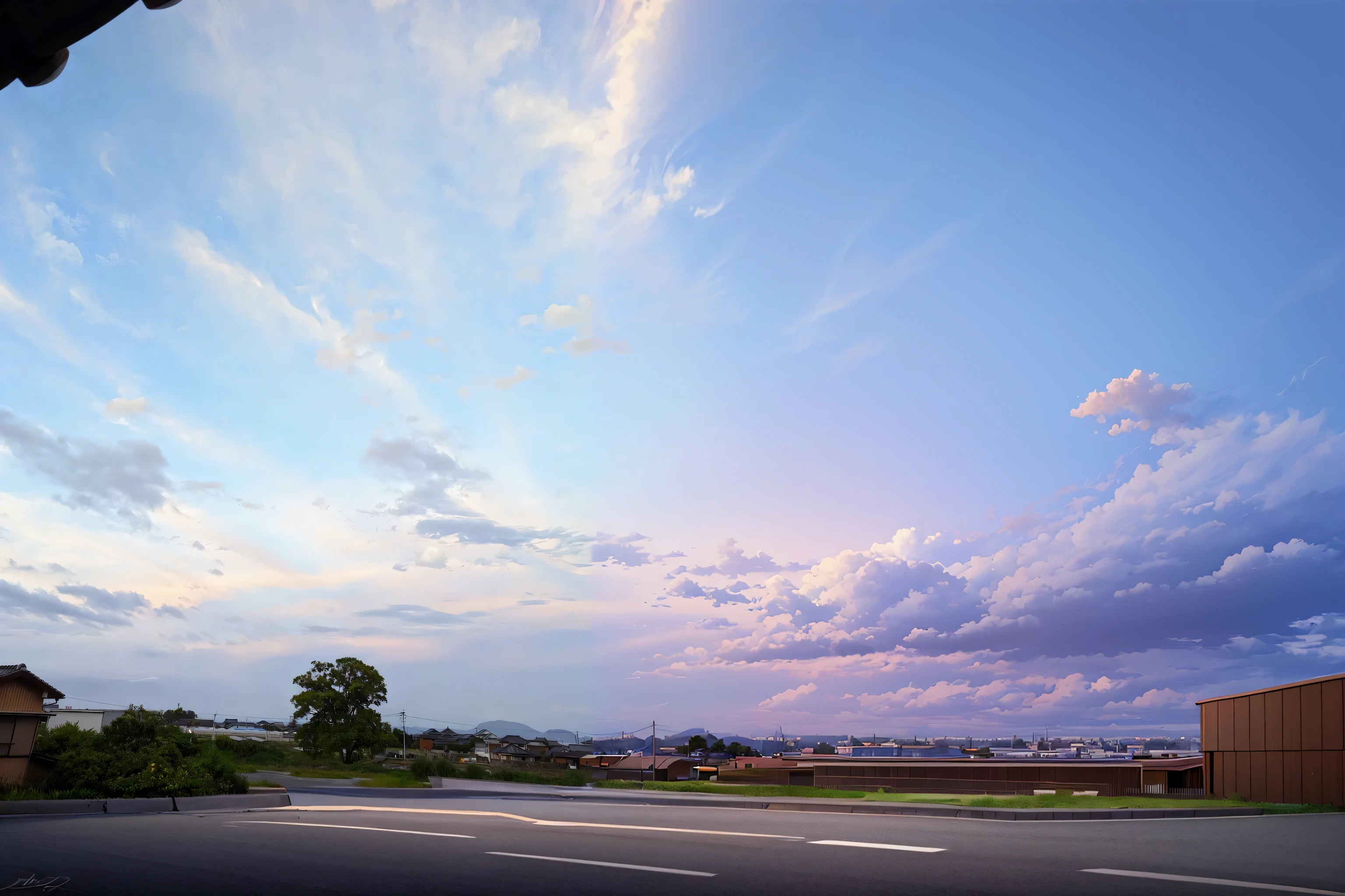 The balcony has a view of the street and parking lot, sky setting, Evening sky, sky in a background, beautiful sky, panorama view of the sky, pearly sky, Amazing skies, blue sky at sunset, dusk sky, anime sky, Sky in the background, Amazing skies, in the dramatic sky, with vibrant sky, dreamy sky, Pastel sky