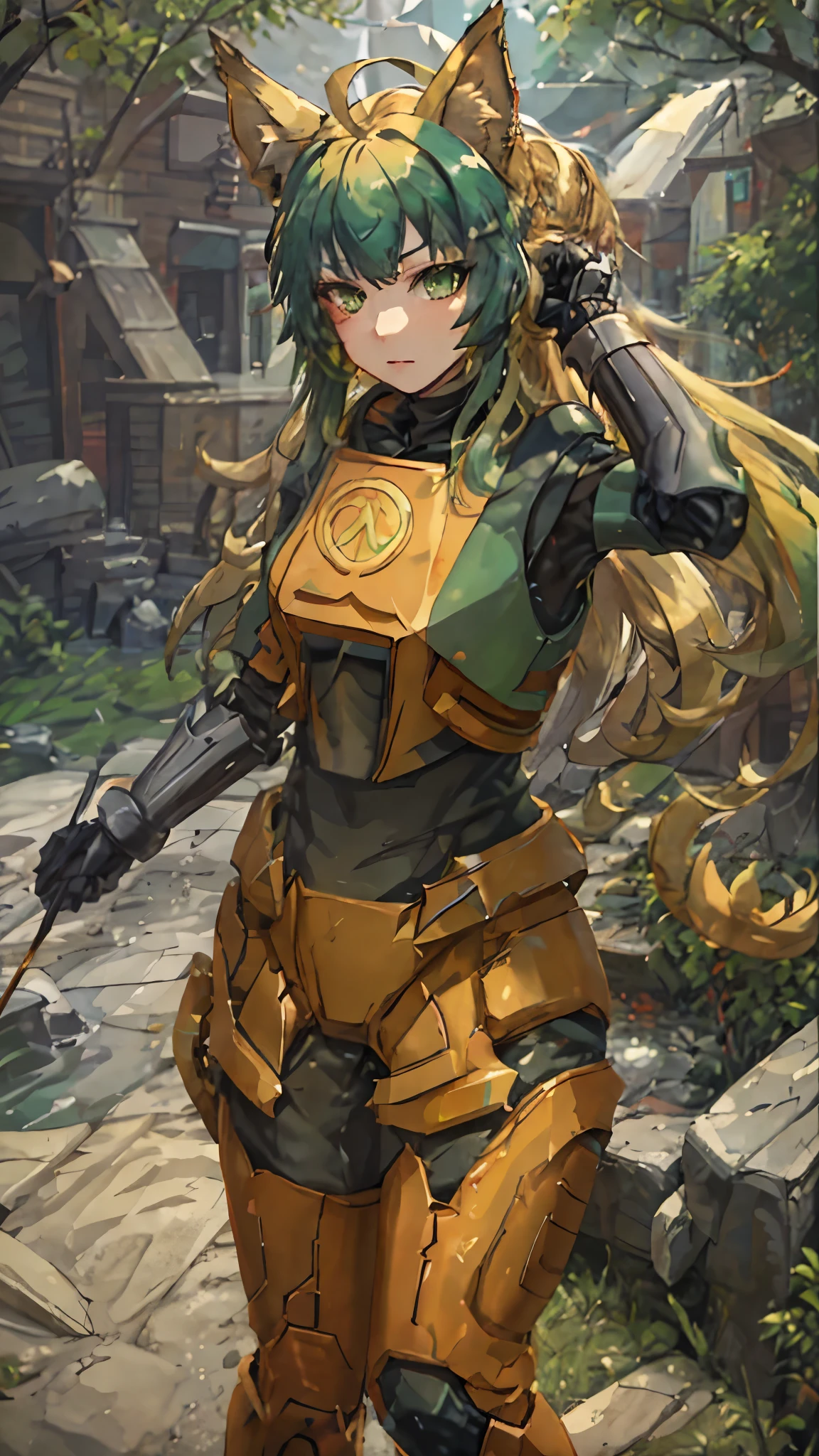 Best quality, masterpiece, a high resolution, One, {Atalanta_fgo:1.15}, animal_ears, cat_ears, green_hair, long_hair, green_eyes, colorful_hair, blonde_hair, Ahoge, Two tons_hair, Bang, Gradient_hair, hev suit, mk5, mk4, half life hev-suit