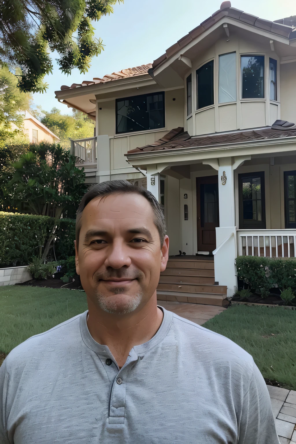 homme d&#39;middle age in front of his dream house just after receiving the keys