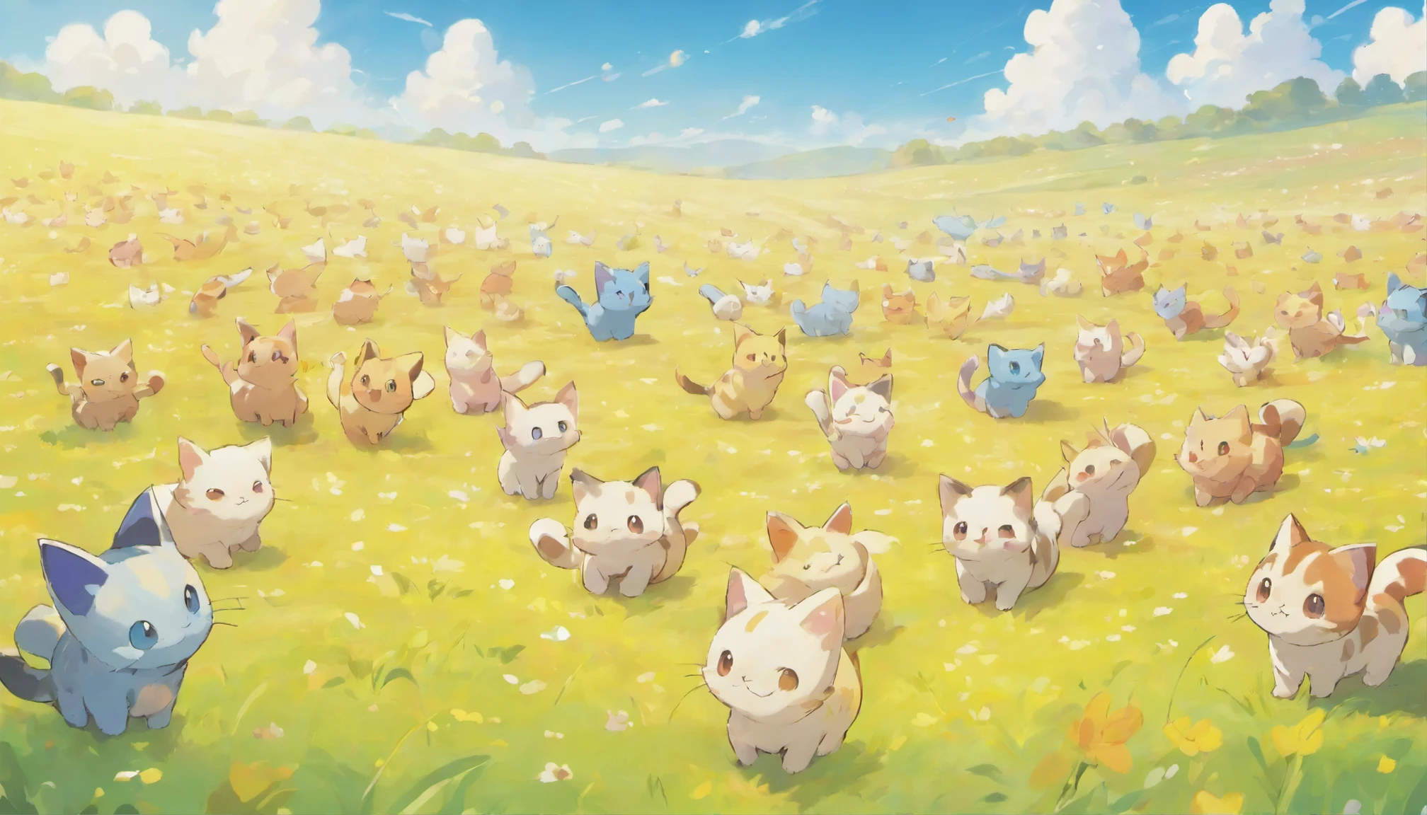 An army of thousands of colorful kittens stretches to the horizon, field, Sunny summer day