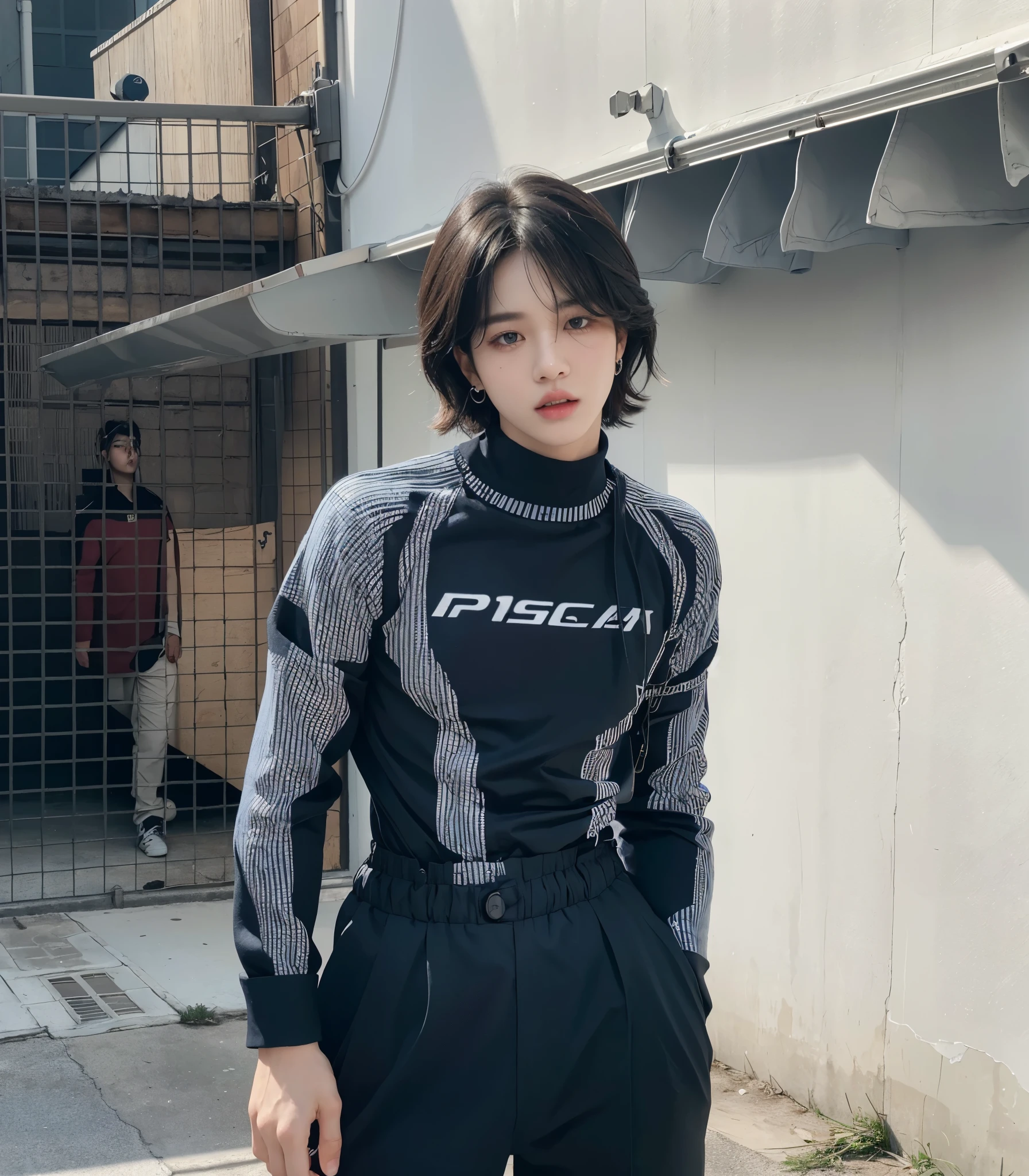 NSFW, Best quality, masterpiece, ultra high res, RAW photo, (photorealistic:1.4), 1boy, (detailed face:1.2), in (white shirt with blue collar) (fit body, narrow waist), long hair, in the sport field, bokeh, beautiful lighting, model posing, jimin face, femenine features, plump lips, big eyes, cute face, blue eyes, high quality, black hair, perfect skin, long lashes, male body, jimin eyes, jimin nose