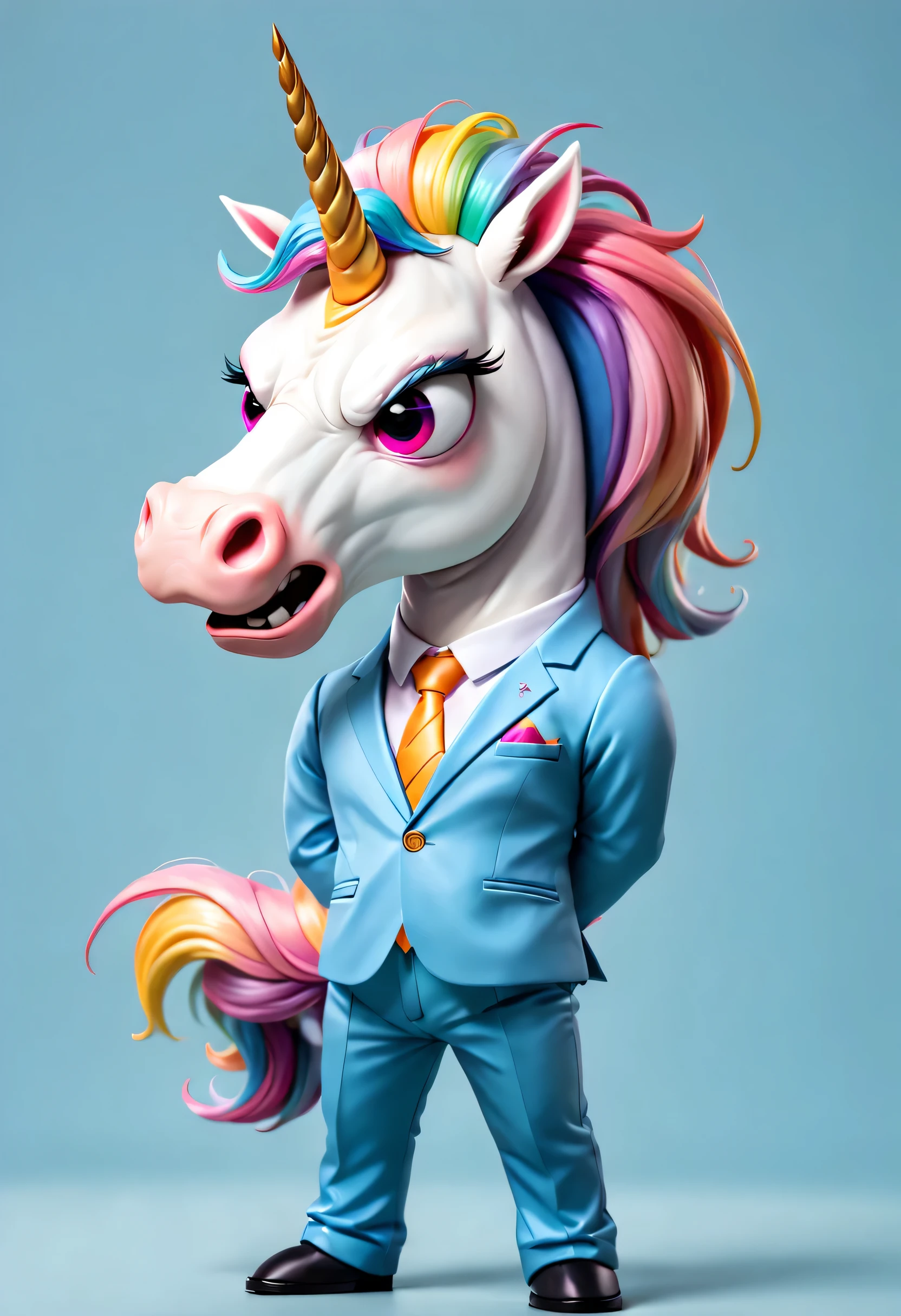 mr unicorn，angry unicorn，suit，personification，Originality，interesting，colored hair，clean background