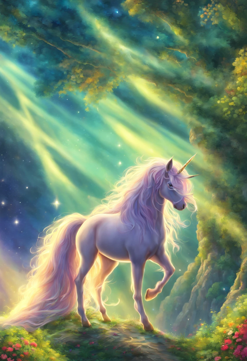 (best quality,4k,8k,highres,masterpiece:1.2),ultra-detailed,(realistic,photorealistic,photo-realistic:1.37),portraits,unicorn,fantasy,enchanted,wonderland,sparkling,horn,magical,wings,glistening,golden,mythical,ethereal,glowing mane,rainbow,galloping,infinite,prancing,lush forest,illuminated,tree branches dancing in the wind,mystical,night sky with twinkling stars,moonlit,ethereal mist,whimsical flowers and plants,vivid colors,soft pastels,subtle shades,enchanted creatures,gentle nature