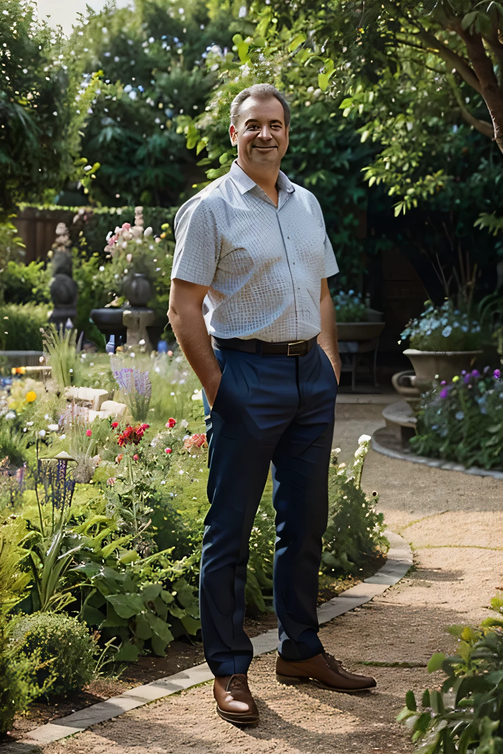 Même homme d’âge moyen devant un grand jardin