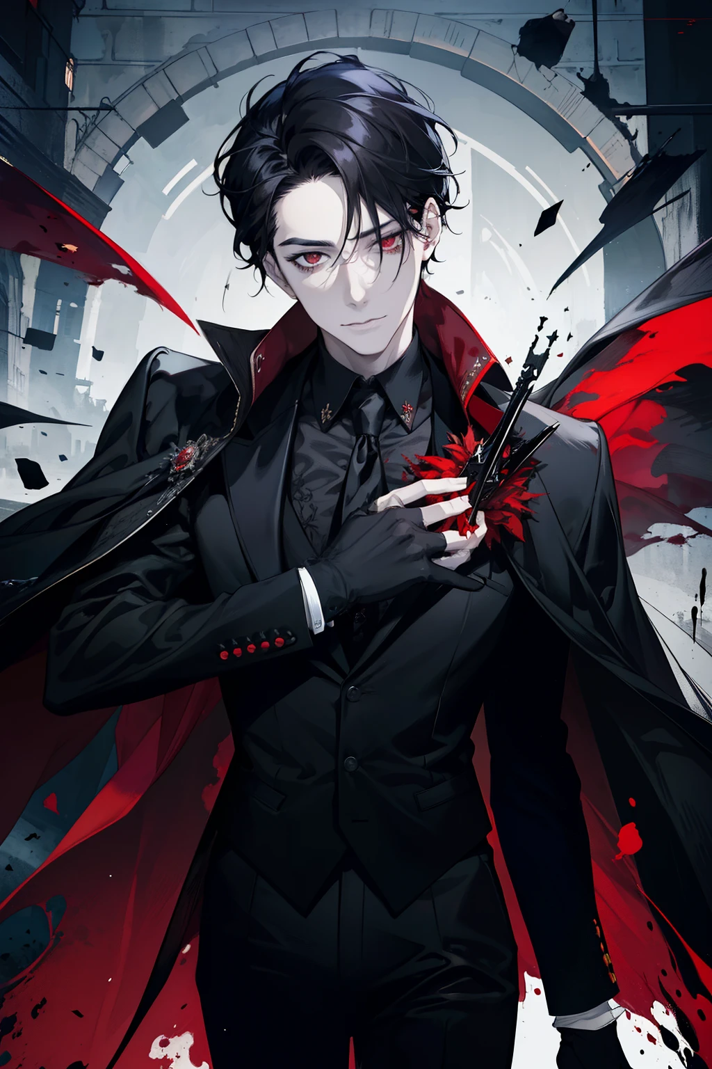 (masterpiece, best quality), 1 male, aldult, Handsome, short black hair, red eyes, black suit, earrings, forehead, Upper body, vampire, building, dark, moonlight, Dutch Cape, mysterious atmosphere,face with blood stains,Positive face,There are scars on the face,A sinister smile.