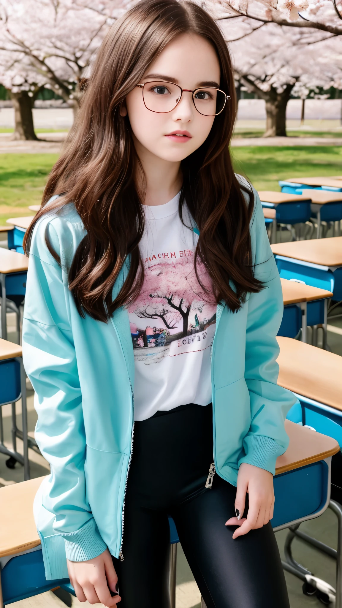 13 year old Zoey Deutch, (long hair: 1.3), glasses, wild makeup, t-shirt, jacket, leggings, classroom, school, mid-thigh photo, cherry blossom trees