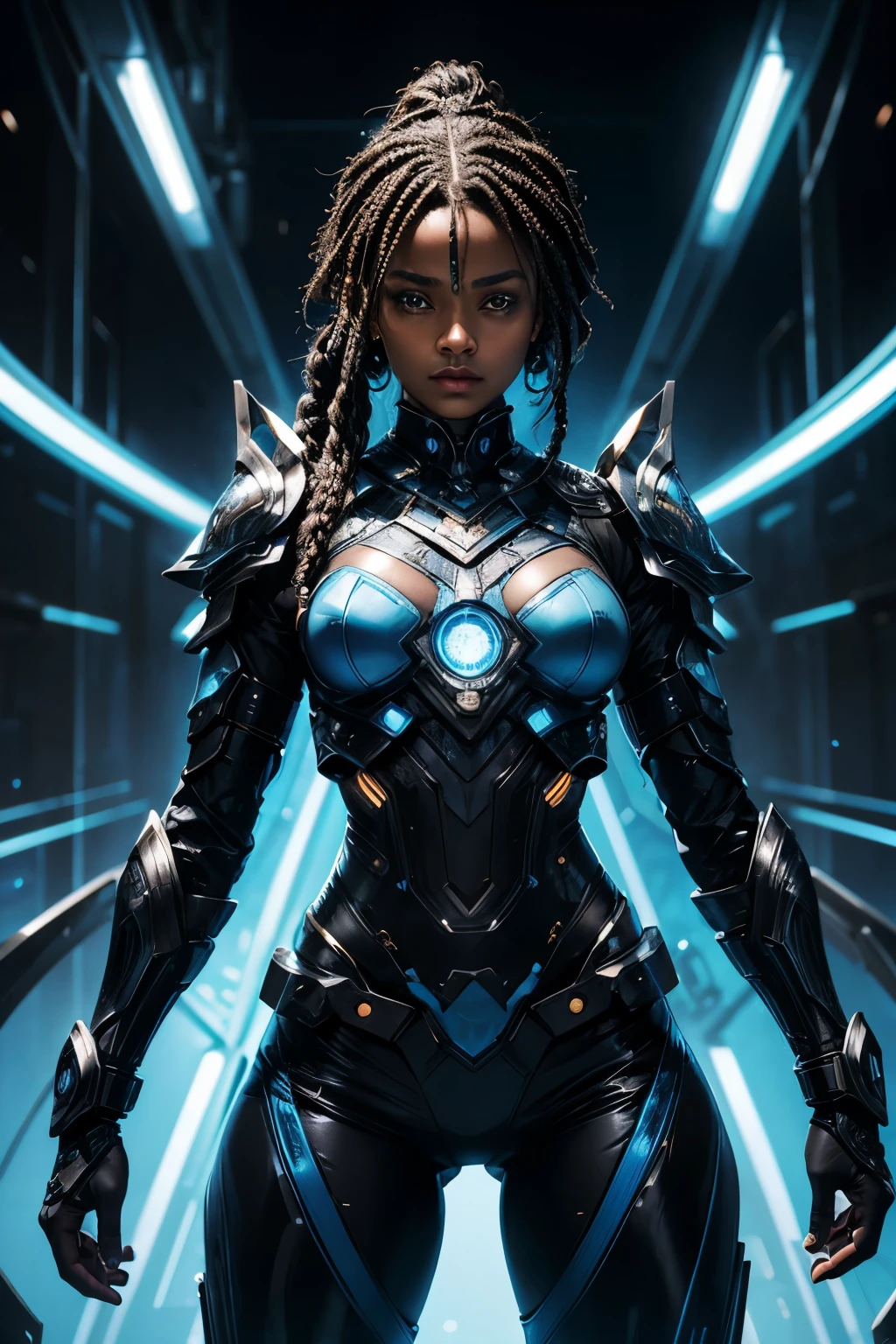 A stunning woman in a post-apocalyptic cyberpunk setting. Your ebony skin glows under the neon light, Blue cybernetic eyes stand out from a chiseled face with strong features. Cabelos em dreadlocks adornados com LEDs piscantes. Ela veste um traje futurista preto e prata, with circuits and metallic armatures, adjusted to the athletic body, She's on a futuristic street, surrounded by crumbling skyscrapers, faded holographic signs, colorful neons and sparks from electrical wires. Metallic plates and urban debris punctuate the scene. The sky in shades of artificial purple and blue contrasts with the deep shadows of the streets.