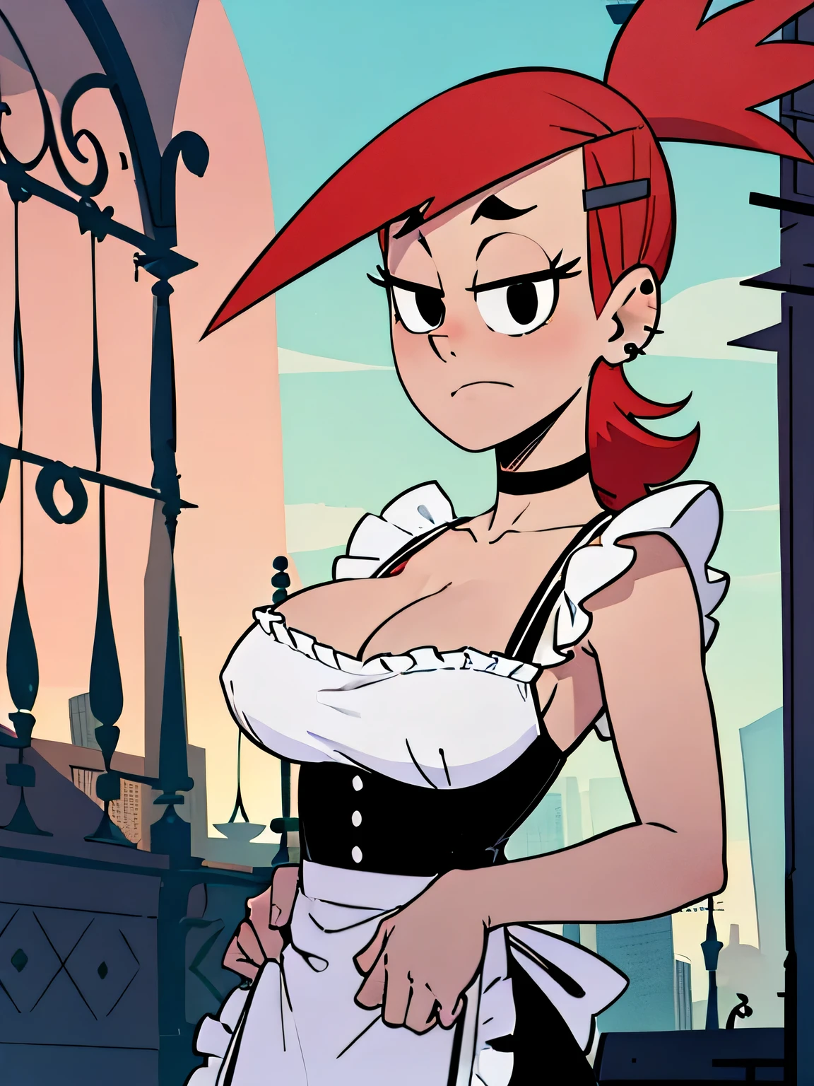 FostersStyle, red hair,, standing, black eyes, French maid, mais costume, upper body focus, FrankieFoster,, 1girl, solo, choker, white waist apron, frilly, skimpy dress, cleavage,