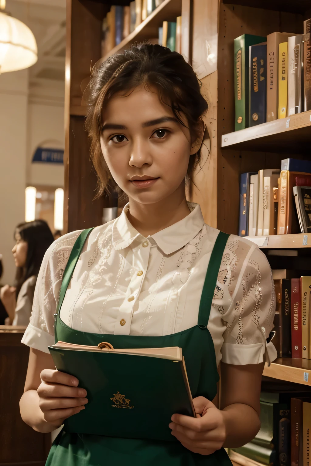 Drawing lines, fairy tales, Books,Book Shop,ketchup,mustard,Shops, Uzbek, perfect bookseller uniform, Short shoulder-length hair,, Red color, Light green eyes, small breasts,Uzbek girl in her 20s, Fantasy,personnel,guest,dream,Department store,showcase,People,Staff,Slowness,night scene, Online video chat, students discuss among themselves