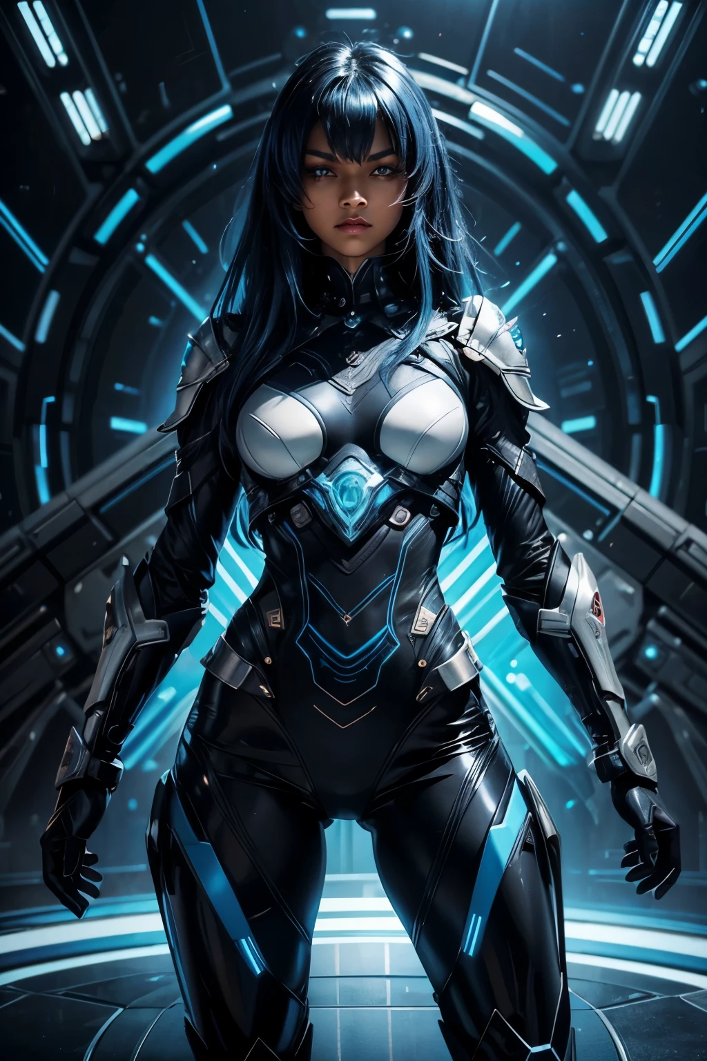 a beautiful mechanical girl, blue hair, red eyes, electricity overflowing, exquisite, exposed wiring, (best quality,4k,8k,highres,masterpiece:1.2),ultra-detailed,(realistic,photorealistic,photo-realistic:1.37),cinematic, digital art, sci-fi, futuristic, intricate details, complex machinery, glowing energy, dramatic lighting, vibrant colors, neon lights
