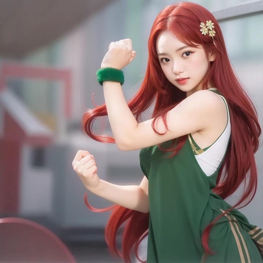 girl with red hair and green dress with a fist in her hand,