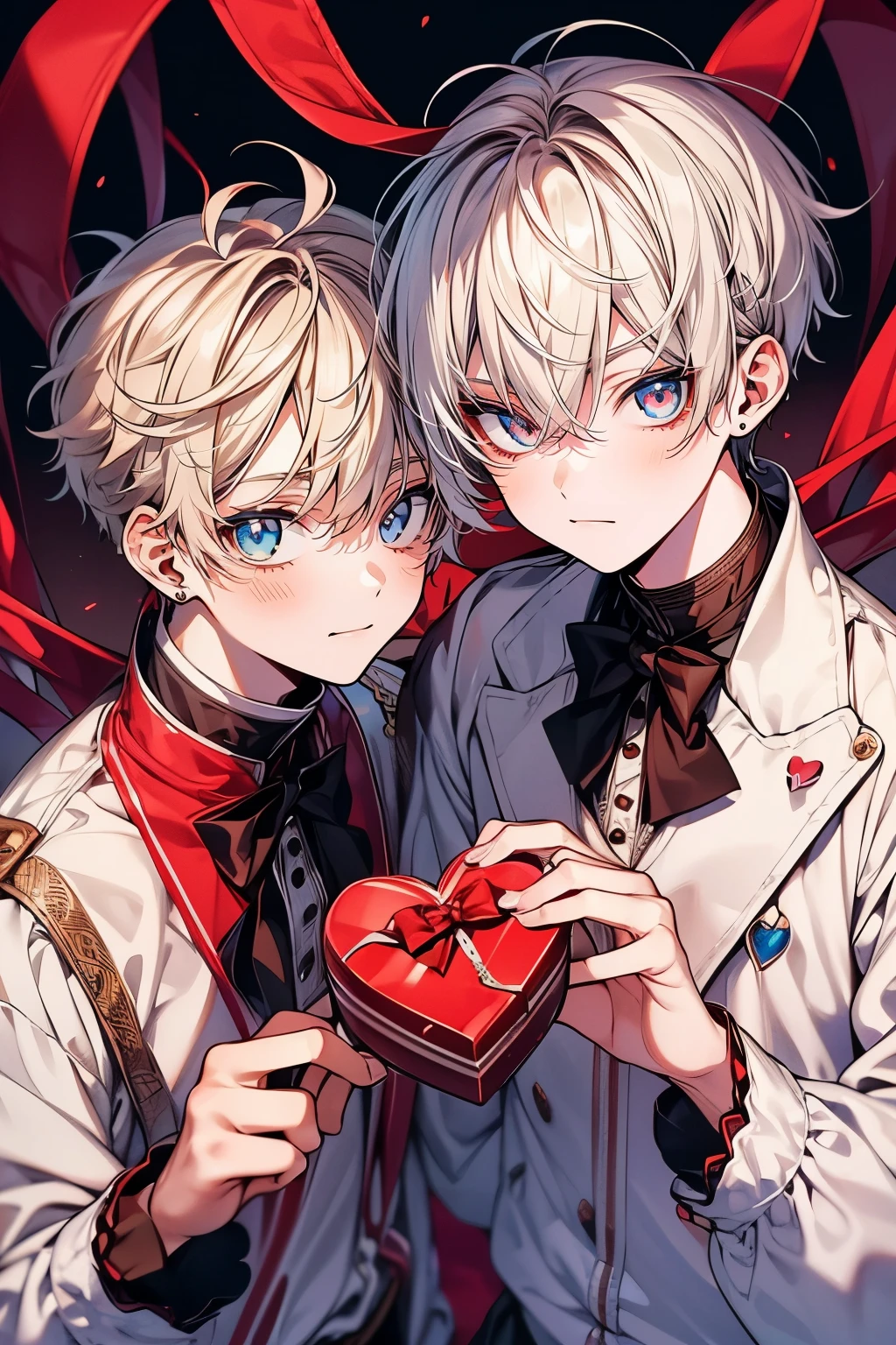 (muste piece), (best quality), very detailed, ((two boys)), perfect face, beautiful face, happy face，very detailed顔，(brown haired boy_red eyes:1.3)，(White-haired boy_blue eyes:1.3)，wink，milk chocolate，White chocolate，Valentine，ribbon，race，frills，heart，Light，smile，long eyelashes，頬にheartマーク，Melted chocolate，Covered in chocolate