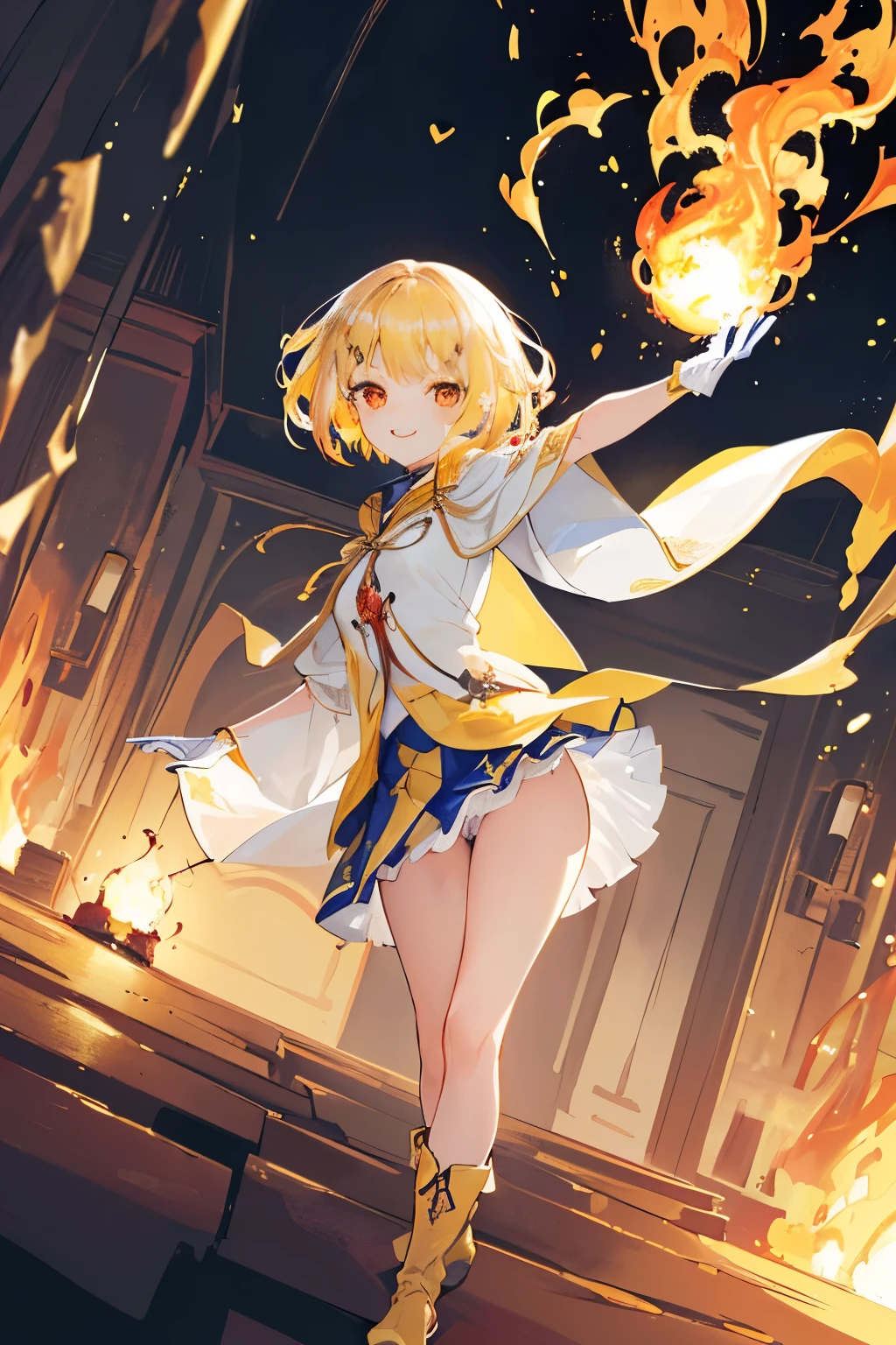 (((1girl))), ((best quality)), ((masterpiece)), ((ultra-detailed)), (illustration), (detailed light), (an extremely delicate and beautiful), (beautiful detailed eyes), (sunlight), ((extremely light)), ((extremely clothes)), (((hyper detail))),(((((front lighting))))),(((((front light))))),
((((quite adorable Expart Wizard's robe with a brief skirt)))), (((Expart Wizazrd))),
,
(((wavy short manish bob))), ((((yellow gold hair)))), (((short hair))),
(((deep red eyes))),
(whole body), aged 5 to 8, ((((())))), ((((very adorable young girl)))),
((condescending expression)), ((mischievous smile with sexual satisfaction)), (((extra adorable))), (((((extra slender shape))))),
(((((extremely beautiful detailed face))))),
(((dynamically attacking enemies by a spell of Dancing Fire Balls))), (((elegant magic boots))),
((Dutch angle)), (((white gloves))), ((transparent magical underskirt)), (a little bit exposed adorable panties)