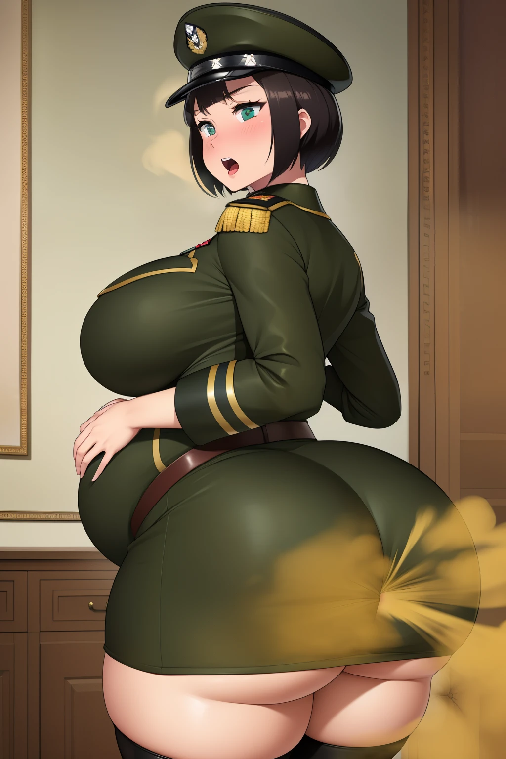((Finest quality)),(超A high resolution),(ultra-detailliert, detail face, detail eyes),(Meticulous portrayal),((Best CG)),(Finest works of art),Ultra-Precision Art, The art of astounding depiction, (Female Military Personnel:1.5),(A dark-haired, short-cut), green Tight military uniform, tight skirts, Black stockings, general hat, multiple medals,((chubby, big belly, massive belly, massive breast, massive ass)), (((fart))), open mouth