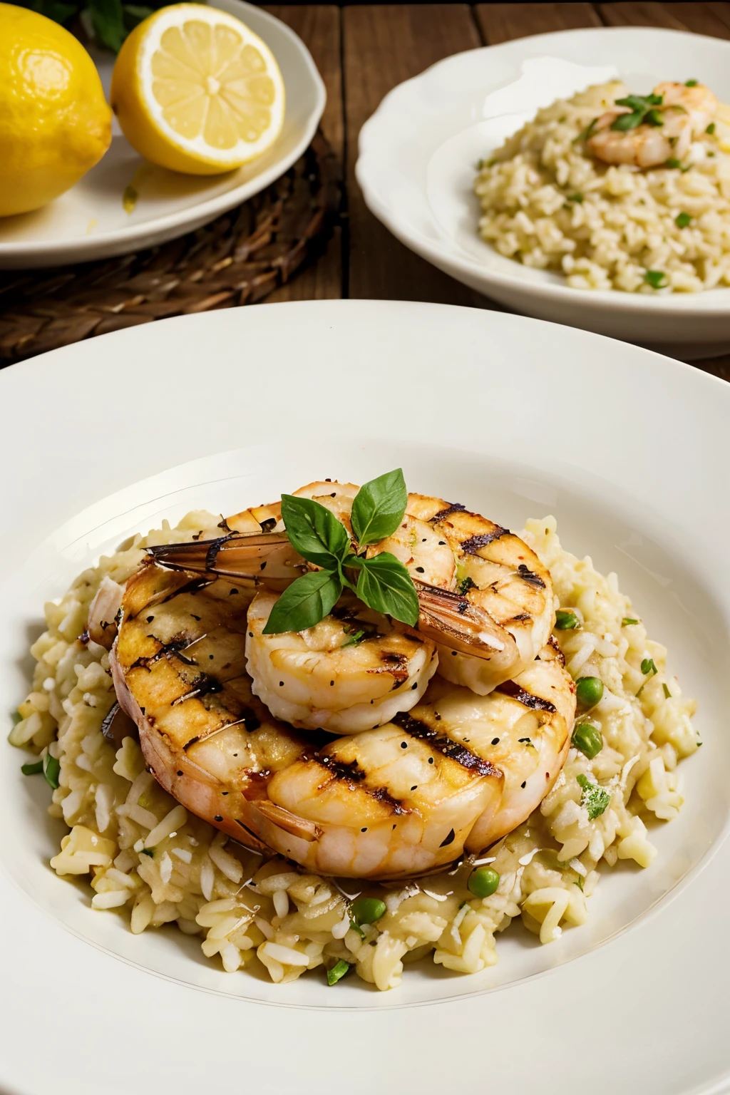 lemon risotto with grilled prawns, realistic image
