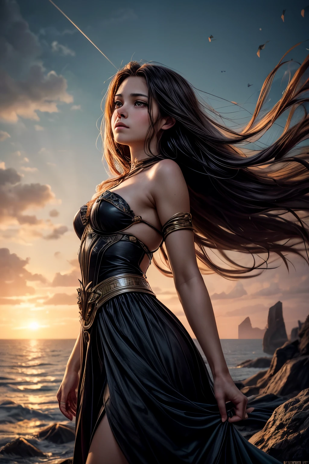 A beautifully tragic scene unfolds as a peasant girl gracefully navigates through a solemn landscape strewn with the lifeless bodies of noble knights. The image, perhaps a sorrowful painting, captures the delicate balance between beauty and sorrow. Each step she takes is filled with ethereal grace, her flowing gown contrasting against the darkened earth. The girl's youthful visage, untouched by the horrors surrounding her, shines like a beacon of hope amidst a sea of despair. With exquisite attention to detail, the intricate brushwork brings life to her radiant features and the fallen warriors' armor. This mesmerizing artwork conveys the fragile juxtaposition of innocence and mortality, leaving viewers captivated by its profound storytelling.