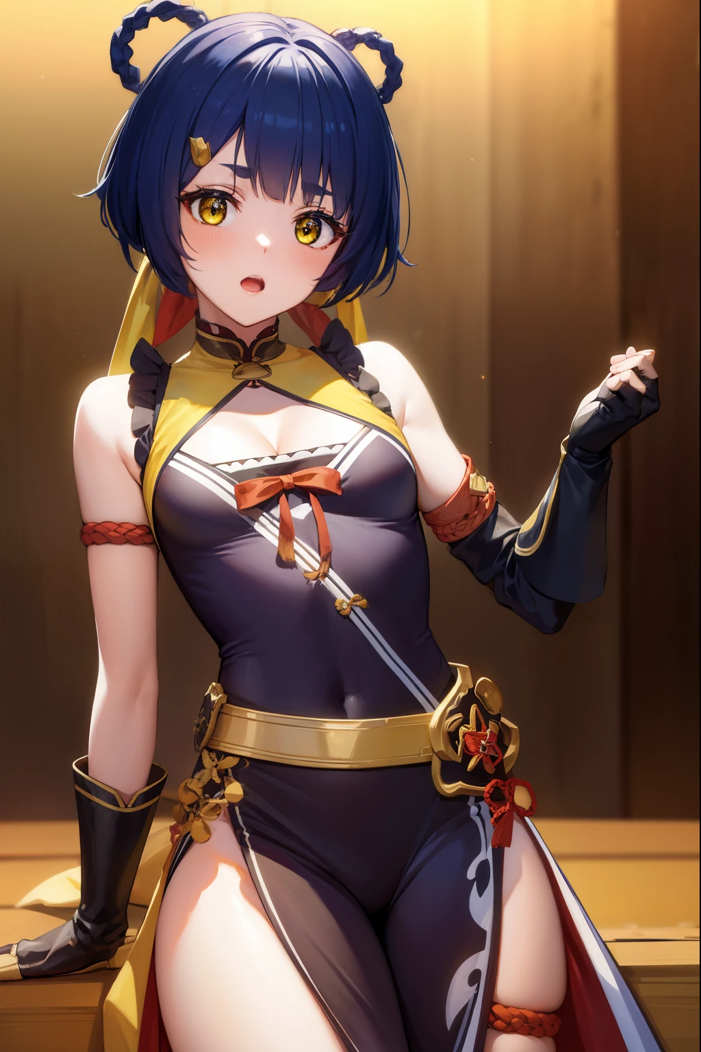 genshinxiangling, xiangling, blue hair, braid, braided hair rings, hair ornament, hair rings, hairclip, (yellow eyes:1.5), (small breasts:1.2), open mouth,
BREAK arm strap, bare shoulders, bell, belt, black footwear, black gloves, boots, brown belt, cleavage, cleavage cutout, clothing cutout, dress, fingerless gloves, gloves, high heels, jingle bell, thigh strap,
BREAK looking at viewer, (cowboy shot:1.5),
BREAK indoors, restaurant,
BREAK (masterpiece:1.2), best quality, high resolution, unity 8k wallpaper, (illustration:0.8), (beautiful detailed eyes:1.6), extremely detailed face, perfect lighting, extremely detailed CG, (perfect hands, perfect anatomy),