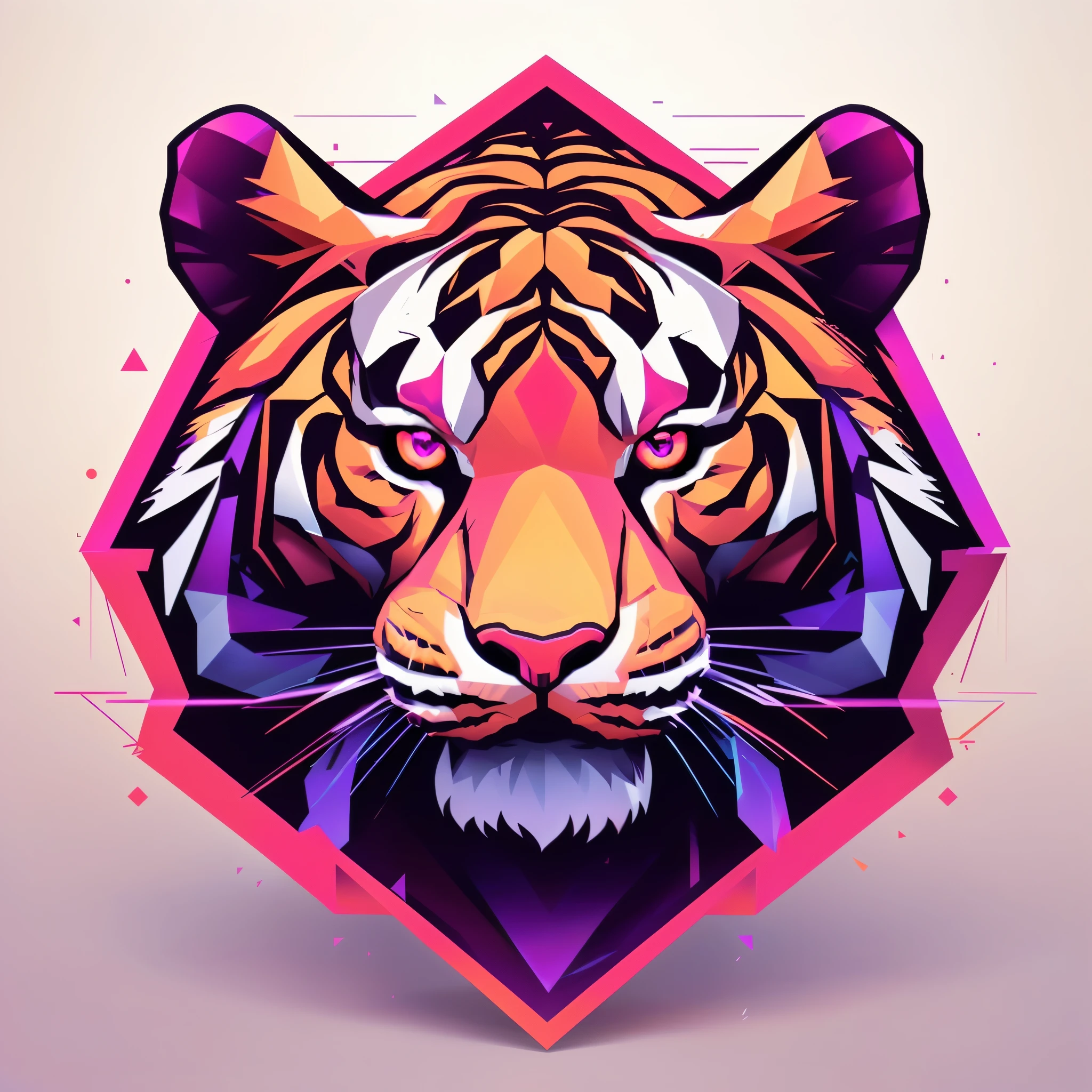 ((Vector tiger logo)), vector metal with glowing eyes and a star in the background, dark video game icon design, ((geometric pattern)), ((geometric vector art)), (vector balls), ((triangle objects)), beautiful neon cat, demon cat, 3d icon, vector art style, mascot illustration, glowing-eyes, glowing eyes, neon art style, (pink, purple, red, orange colors), cg logo, 3d tiger, cg art, 