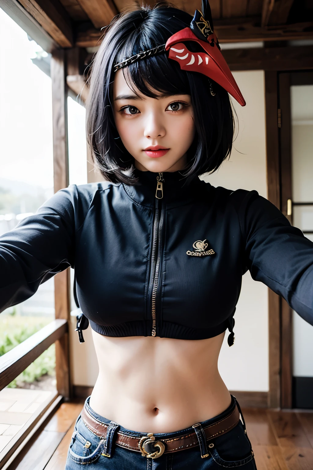 1girl, ((long sleeved puffer parka, long dark blue jeans, gold belt)), ((midriff, navel)), looking at viewer, smile, snow on background, garden, sit on stone, (cinematic lighting, best quality, masterpiece, high details, best quality, highres, HD, 4K, 8k, super detail), (kujou sara:1.3), mask on head, blue hair, short hair, yellow eyes