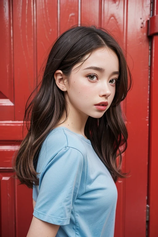 a close up of a woman with a blue shirt and a red door, portrait sophie mudd, pokimane, headshot profile picture, belle delphine,, sydney sweeney, fanart, portait photo profile picture, bella poarch, kailee mandel, high quality portrait, ruan cute vtuber, profile pic, valentina remenar