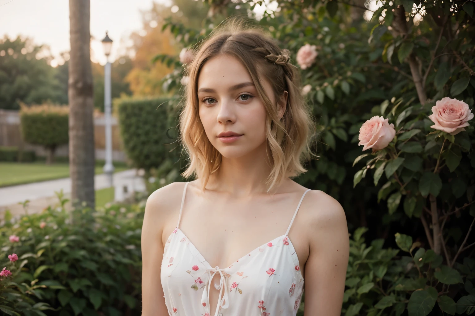 8k, RAW photo, Fujifilm, style photo of a beautiful young woman as avril in a garden of light pink roses (highly detailed skin: 1.2) Style-Petal BREAK short hair, blonde hair with colored locks, wearing a dress, film granulation, 35mm, cute style