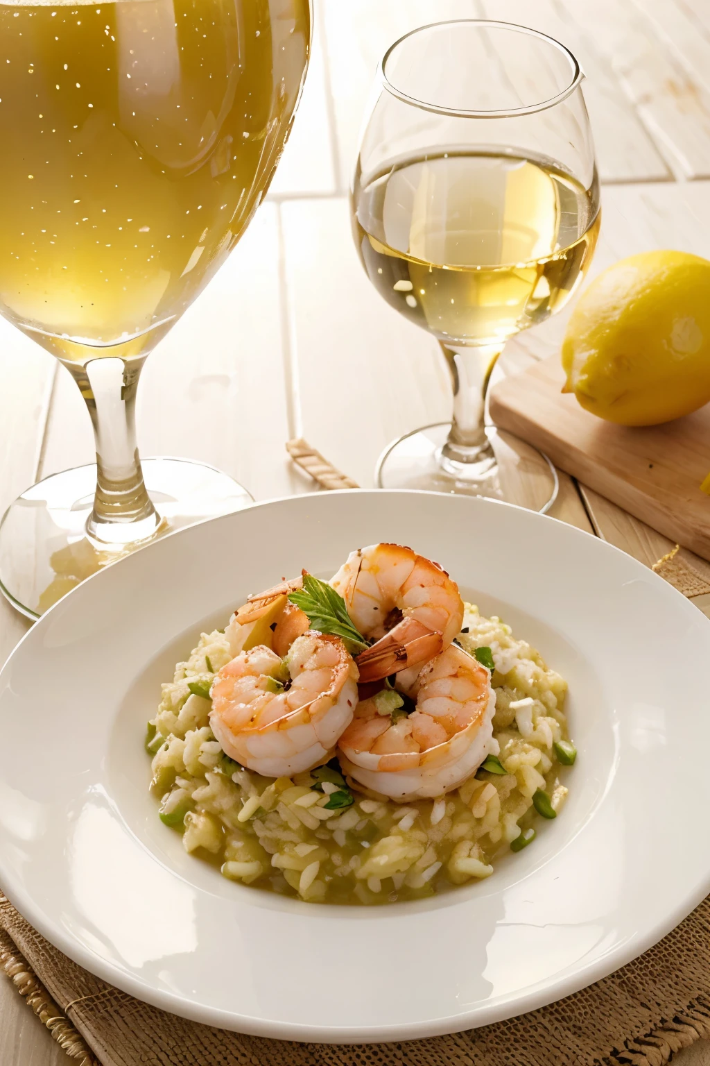 lemon risotto with shrimp next to a glass of white wine, photo realistic image