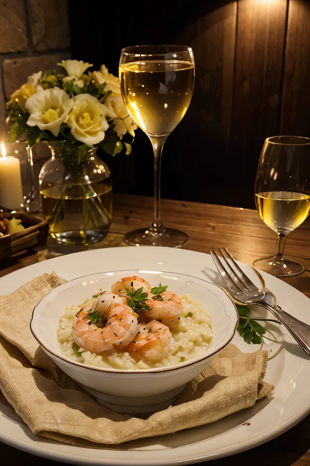 lemon risotto with shrimp next to a glass of white wine, photo realistic image