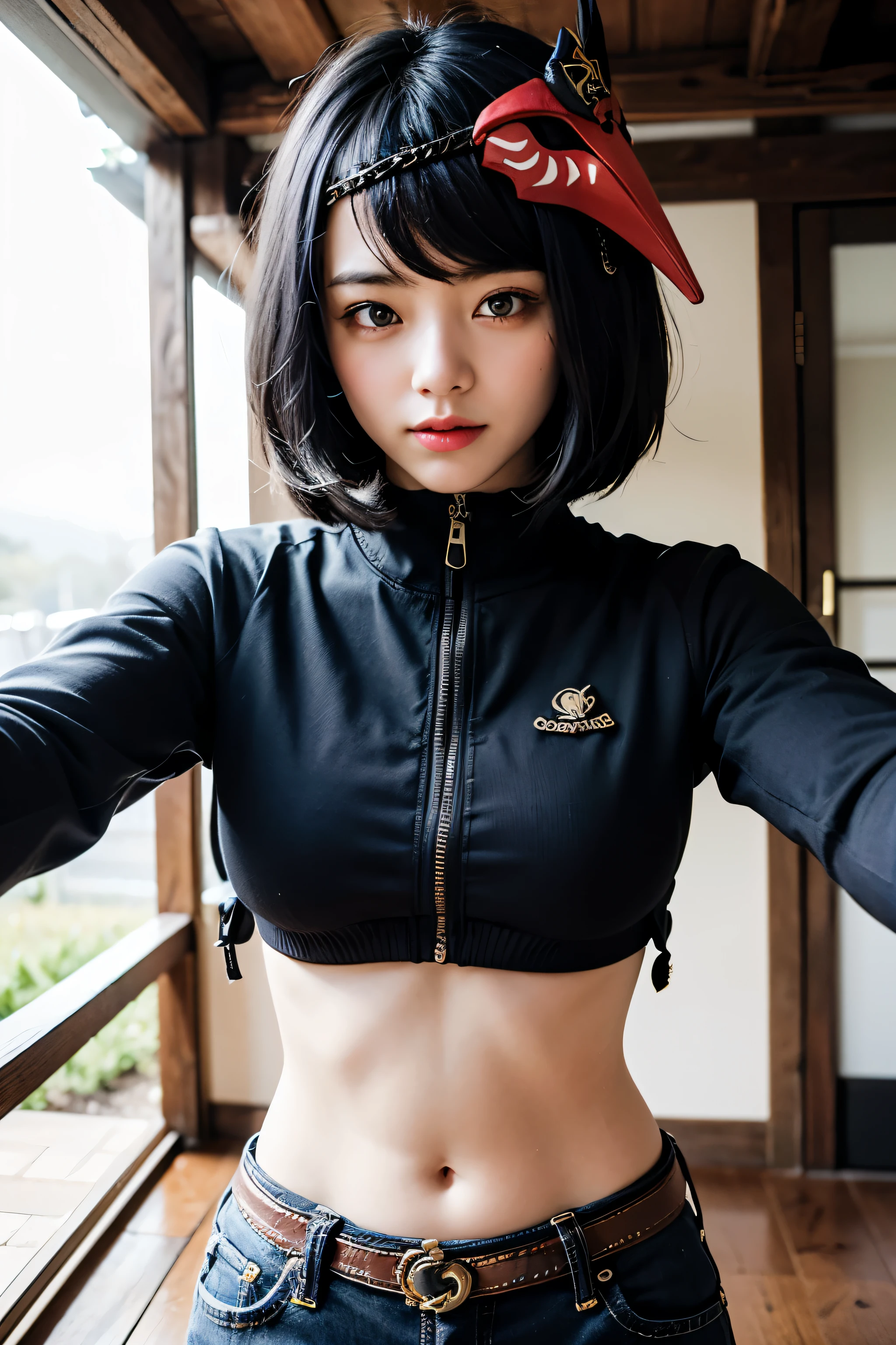 1girl, ((long sleeved puffer parka, long dark blue jeans, gold belt)), ((midriff, navel)), looking at viewer, smile, snow on background, garden, sit on stone, (cinematic lighting, best quality, masterpiece, high details, best quality, highres, HD, 4K, 8k, super detail), (kujou sara:1.3), mask on head, blue hair, short hair, yellow eyes