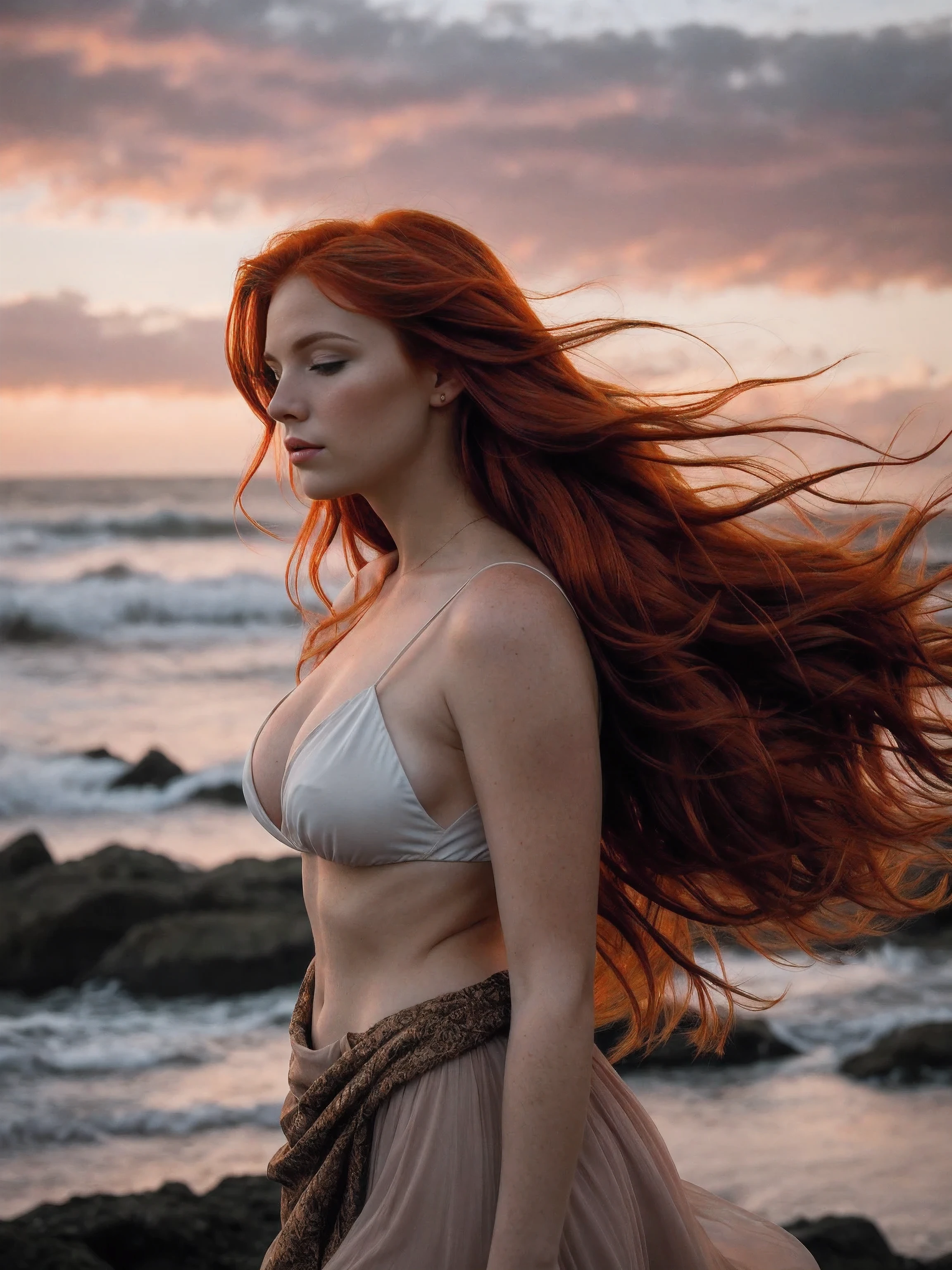 a photograph of a redhead woman with windswept tresses, her hair entangled like flames against a twilight sky, emanating untamed beauty