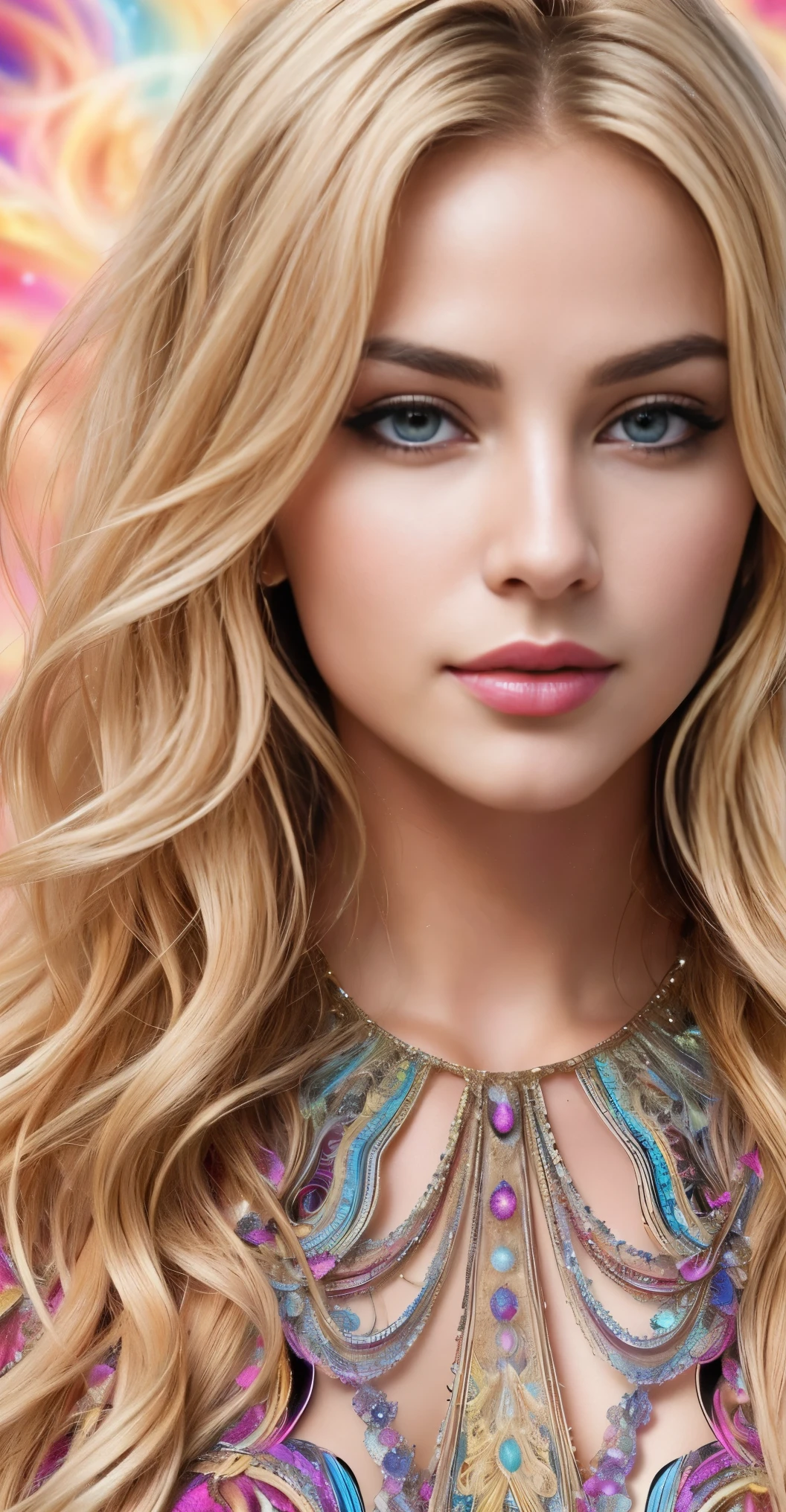 (masterpiece, top quality, best quality, official art, beautiful and aesthetic:1.2), (1 ultra gorgeous European woman, she’s a playmate, men magazine model, blonde wavy hair:1.3), extremely detailed,(fractal art:1.2),colorful, highest detailed,(zentangle:1.2), (dynamic pose), (abstract background:1.5), (dress:1.2), (many colors:1.4), upper body. Perfect anatomy, perfect hair, perfect breast, perfect body, perfect hands, perfect face, perfect eyes, accurate, anatomically correct, perfect clear and crisp focus, UHD, masterpiece, 