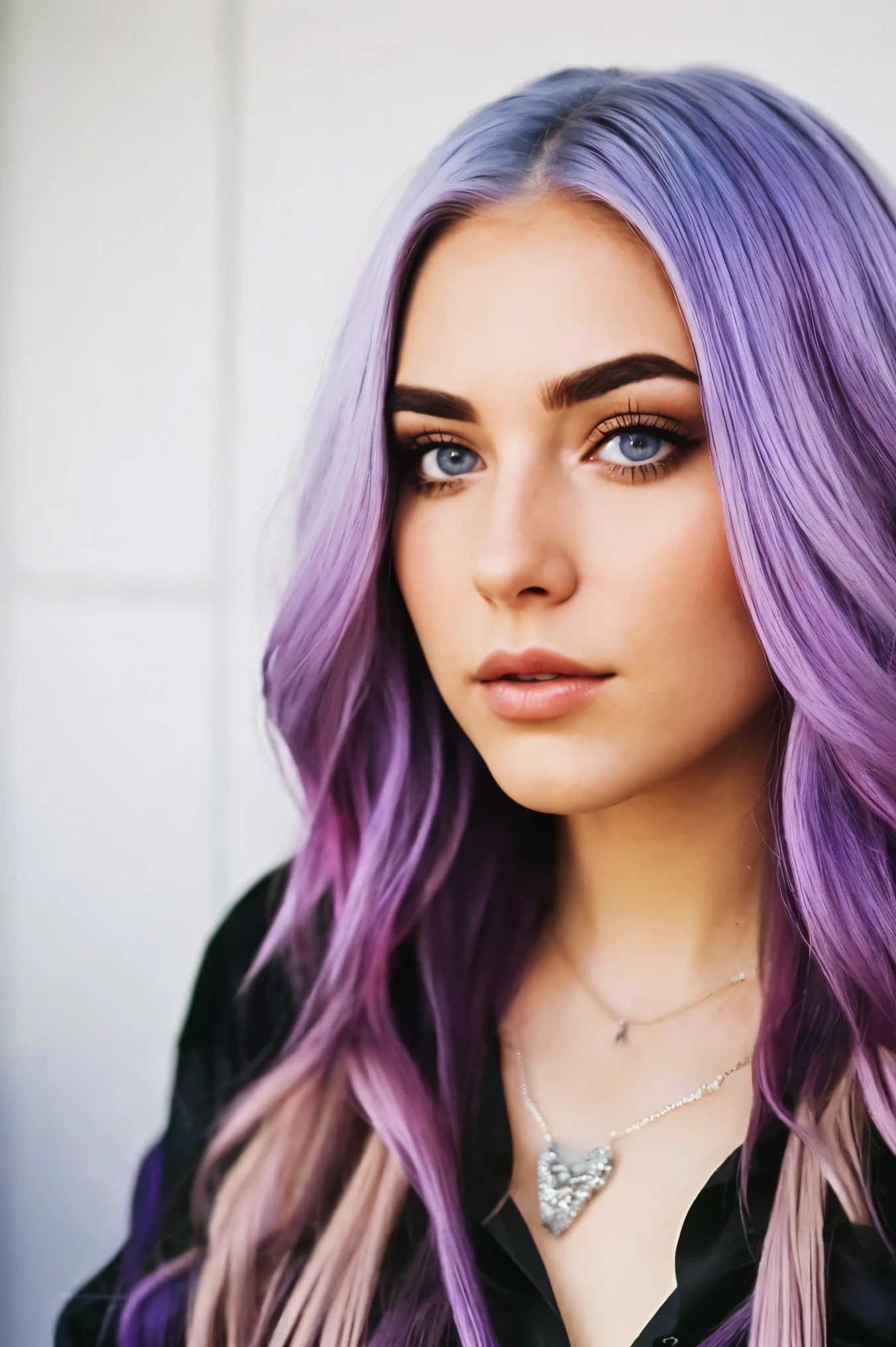 a close up of a woman with purple hair and a necklace, purple hair portrait of woman, lilac hair, purple hair, colored hair, lavender hair, violet hair, she has purple hair, dyed hair, color portrait, colorful hair, pastel hair, flowing purple hair, purple long hair, long purple hair, long wavy purple hair, long light purple hair
