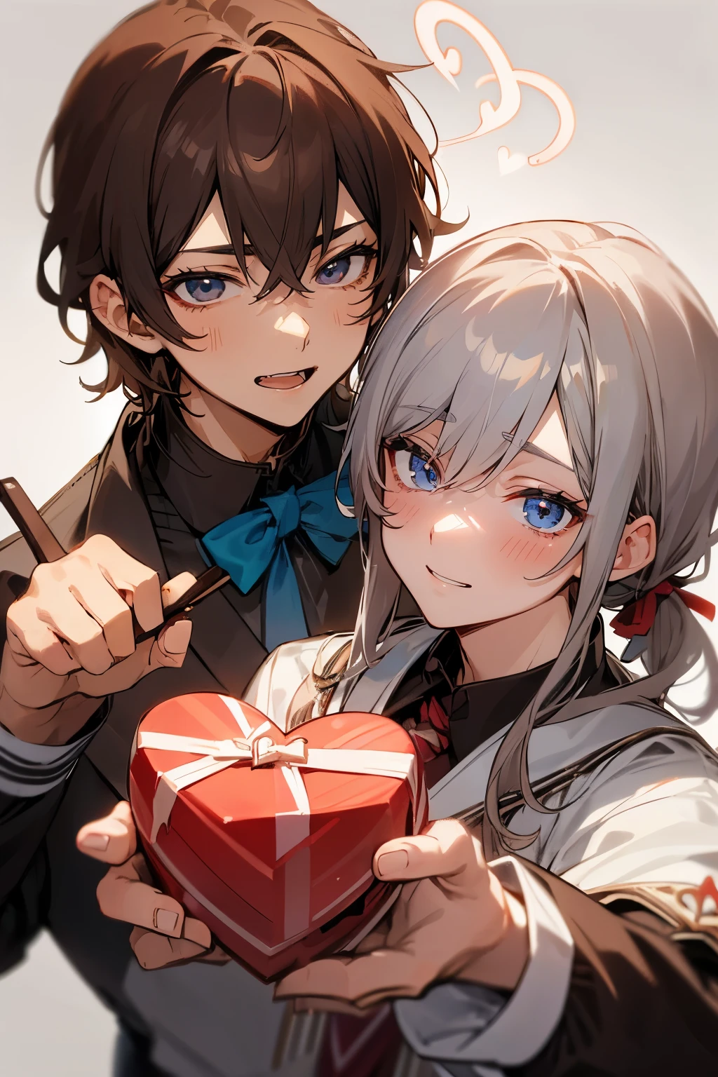 (muste piece), (best quality), very detailed, ((two men in their 20s)), perfect face, beautiful face, happy face,very detailed顔,(brown hair_red eyes:1.3),(gray hair_blue eyes:1.3),wink,milk chocolate,White chocolate,Valentine,ribbon,race,frills,heart,Light,smile,long eyelashes,頬にheartマーク,Melted chocolate,Covered in chocolate