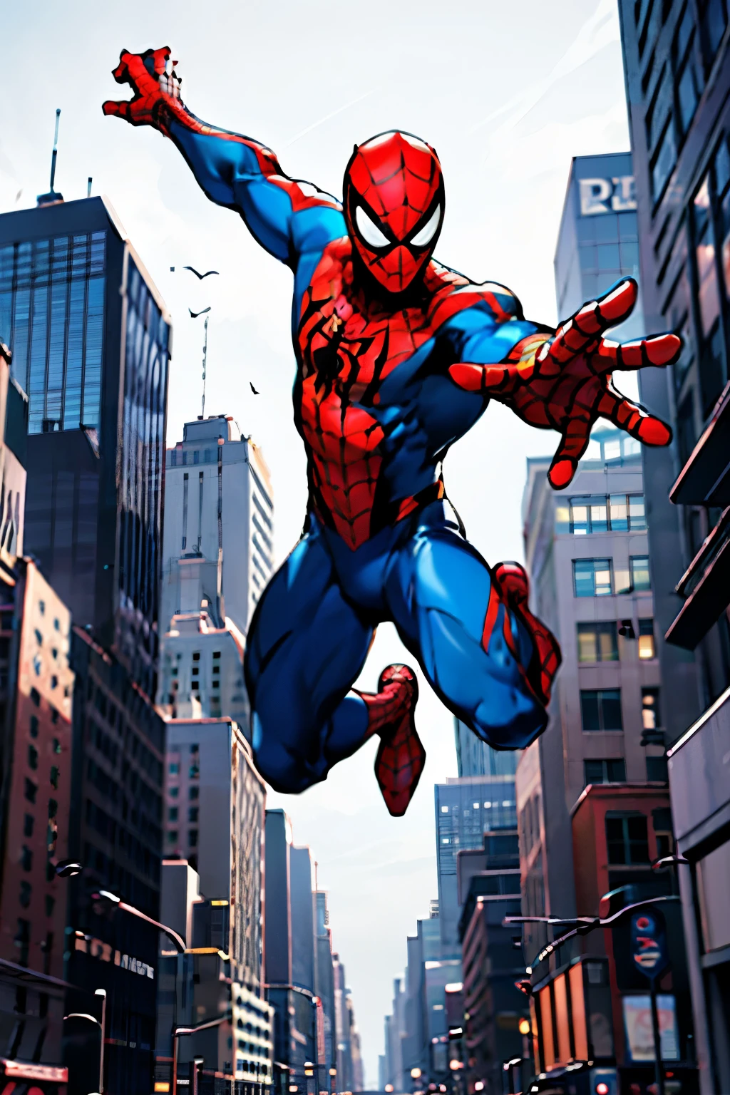 Spiderman jumping between buildings, New York in the scenery, hands open with five fingers.