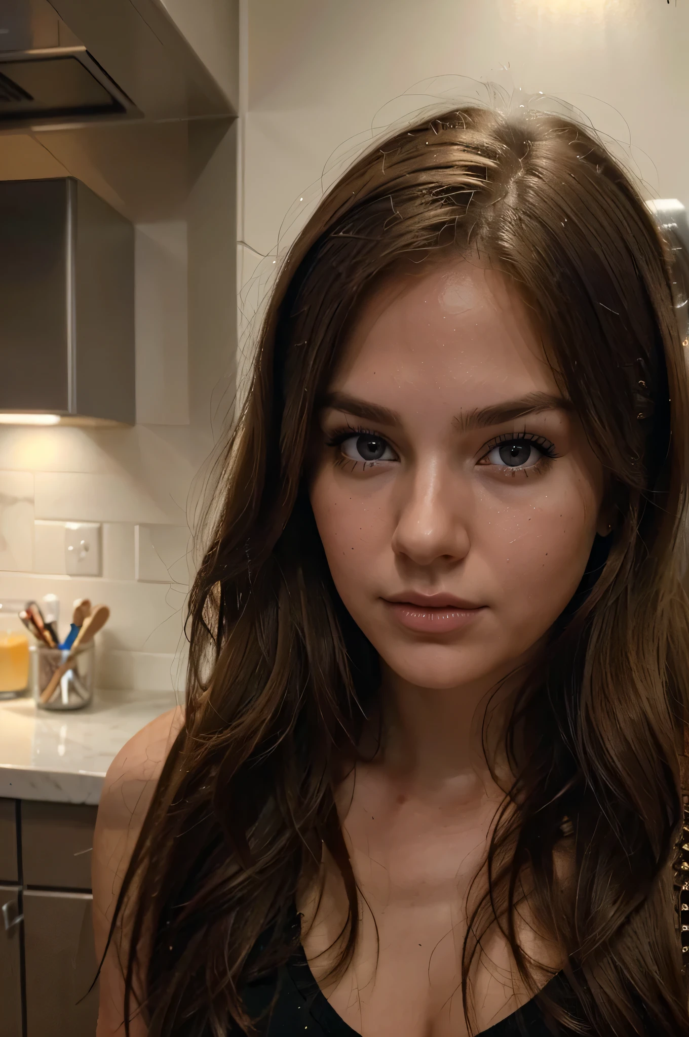 24 year old American girl in a kitchen, headshot, slight resemblance to the singer of Dont Start Now, hyper-realistic, dark brown eyes, blonde hair, very beautiful, ambient lighting, seductive expression, perfect proportions, close-up portrait, looking at camera, facing camera, hyper-realistic, super detailed, 8k