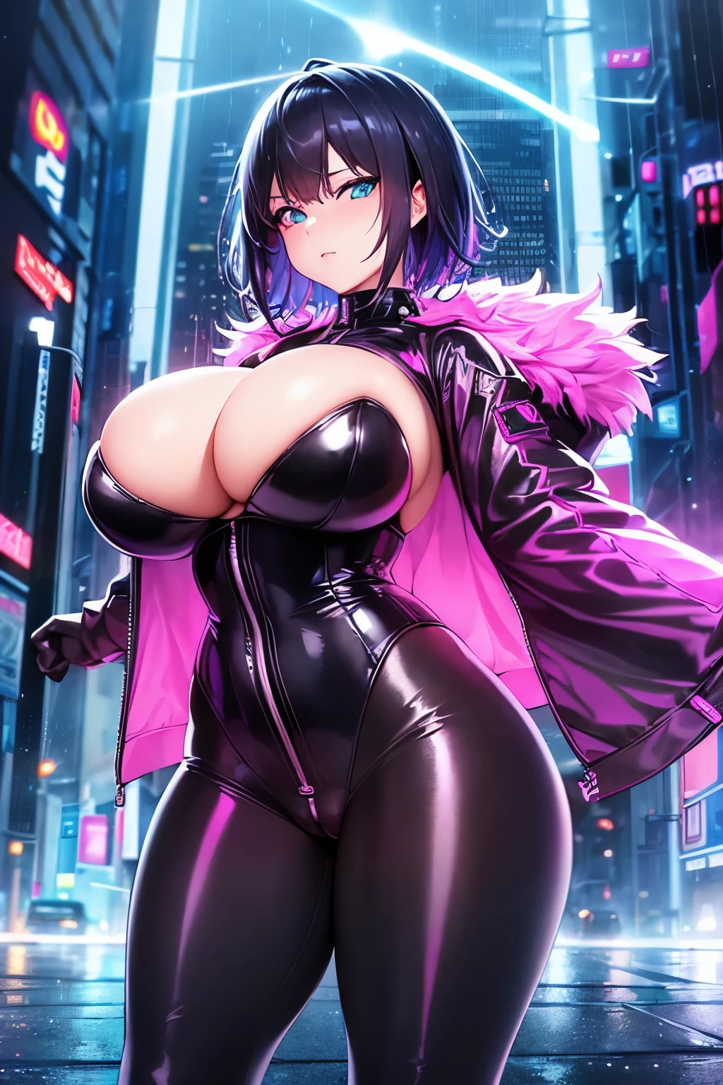 (Detailed face and eyes:1.2), high resolution, (ultra detailed), (cyberpunk woman:1.2), leaning at the camera in a (night cyberpunk city) during a (heavy rain), (short neon hair:1.2), full body shot, ligh reflections from the city lights on the model, (perfect lips), round butt, light rays, god rays, (high heels), wearing (neon colored latex stockings:1.1), innocent face, gorgeous face, (corset:1.1), wearing (thong), (neon colored outfit:1.1), dynamic shot, (heavy rain), car trails, lamp trails, flying objects, neon details on the outfit, neon leather jacket with fur, (skimpy clothes:1.2), (huge breasts:1.2), (busty), (deep cleavage), (breasts bulge:1.3), (cameltoe:1.2).