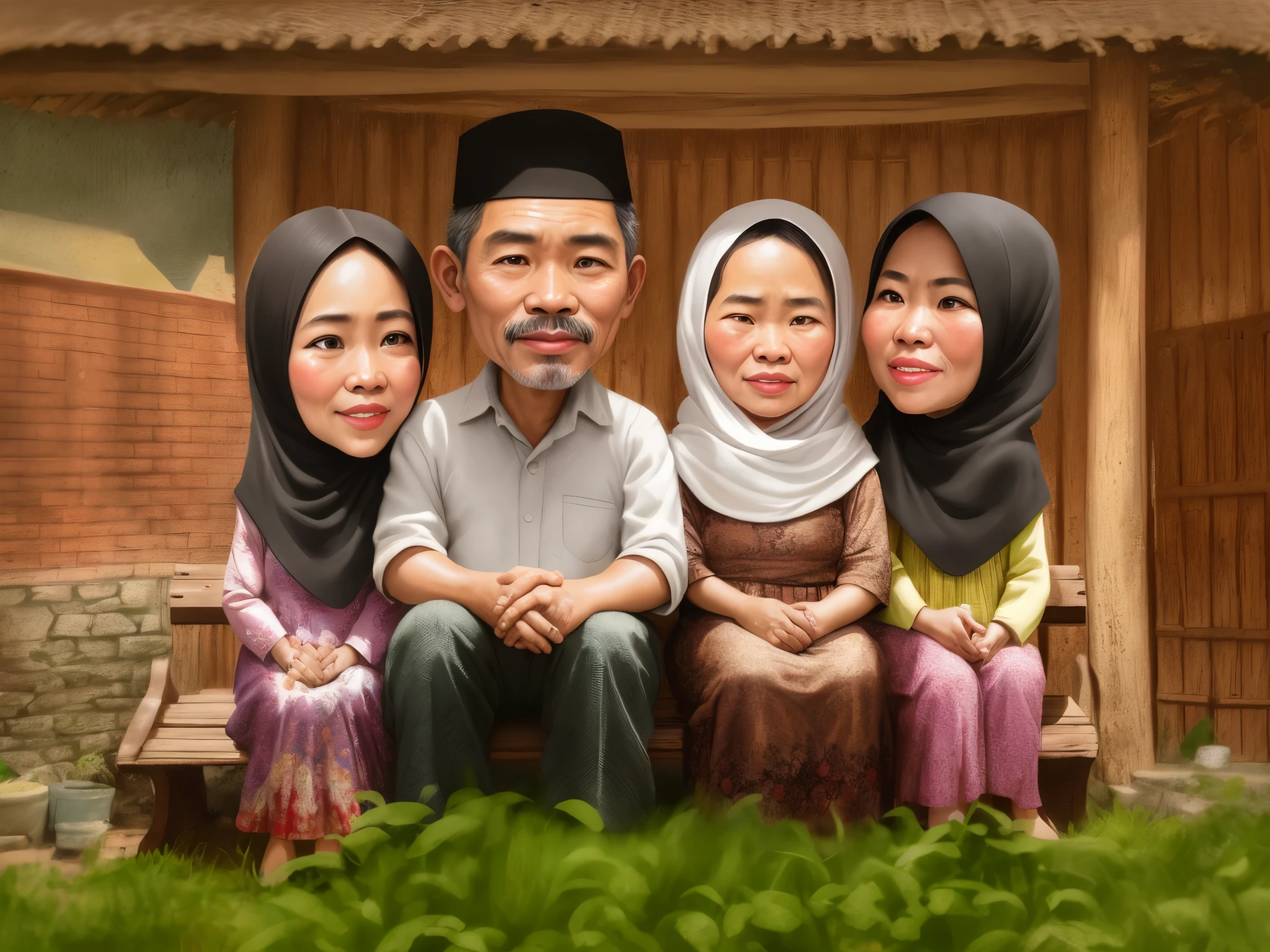 there are three people sitting on a bench with a man and two women, an indonesian family portrait, Indonesian family, happy family, potrait, caricature illustration, family portrait, in cartoon style, caricature, traditional portrait, cartoon digital painting, cartoon art, caricature style, by Abidin Dino, cartoon portrait, digital cartoon painting art, realism art, detail, hyperrealism, 8k, high contrast, high color saturation, high definition, full ultra hd detail, realistic image