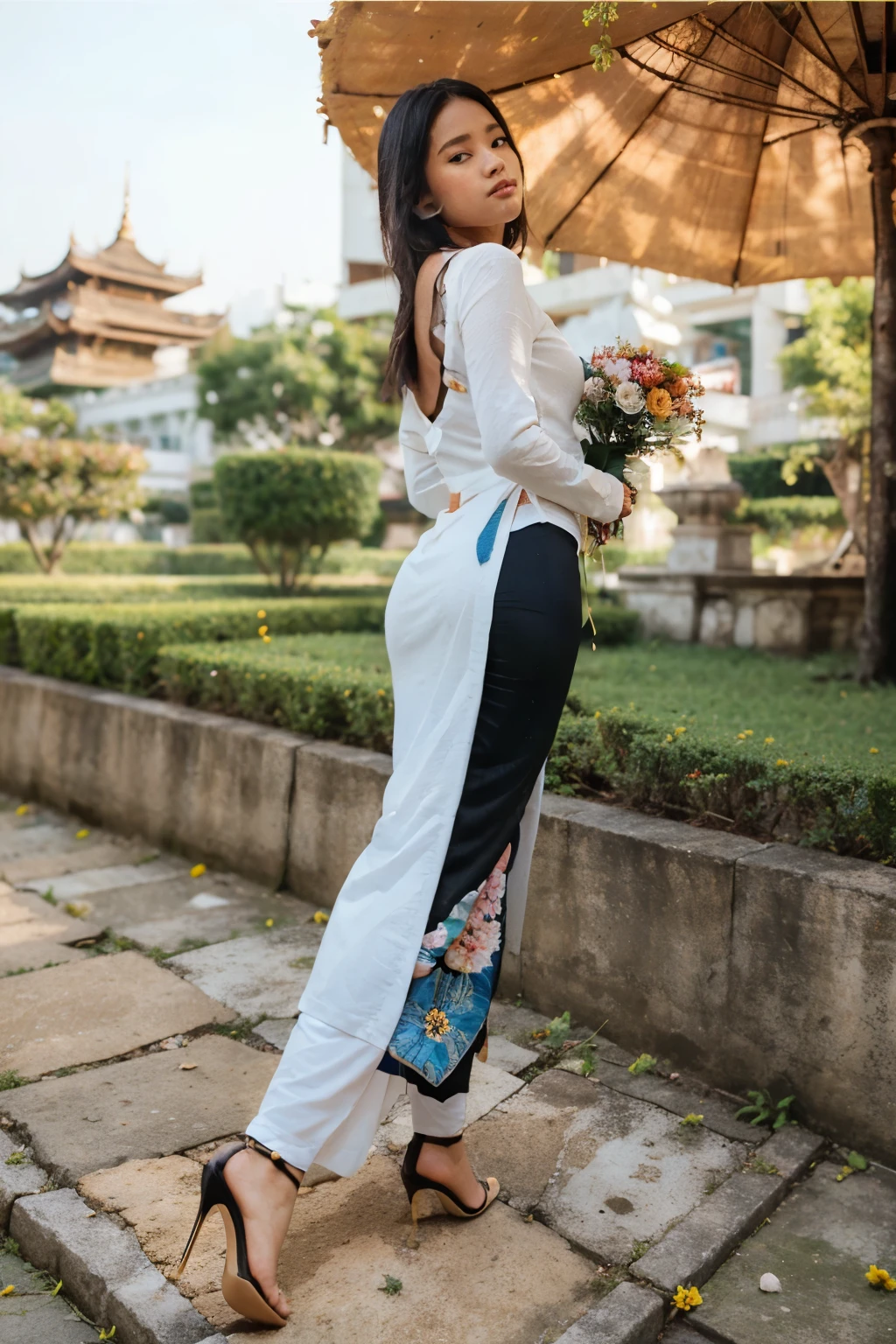 (RAW photo:1,2), (photorealistic:1,4) (masterpiece, best quality:1.2), 1girl, solo, 8K Ultra HD, highly detailed,behold a captivating and ethereal spirit of a 30-year-old, pretty lady MoonLay, full body, gracefully adorned with the essence of blooming flowers, Her long flowing hair, like silken threads of sunlight, cascades gracefully down her back. curvy body. The detailed beautiful face boasts subtle freckles and a rosy cheek glow, framed by long, luscious curls cascading down her back. A delicate strand of hair falls softly onto her shoulder, adding to her enchanting allure. MMTD Burmese patterned traditional dress lady full body details, nice face, fair skin, traditional royal white dress, wearing Parel necklaces, traditional hair style, long scarf on shoulder, crafted from petals and leaves, and stiletto high heel. each piece carefully chosen to complement her ethereal beauty, In her hand, she holds a delicate bouquet of the most exquisite flowers, their vibrant colors mirroring her own radiant aura, by yukisakura, Highest quality,